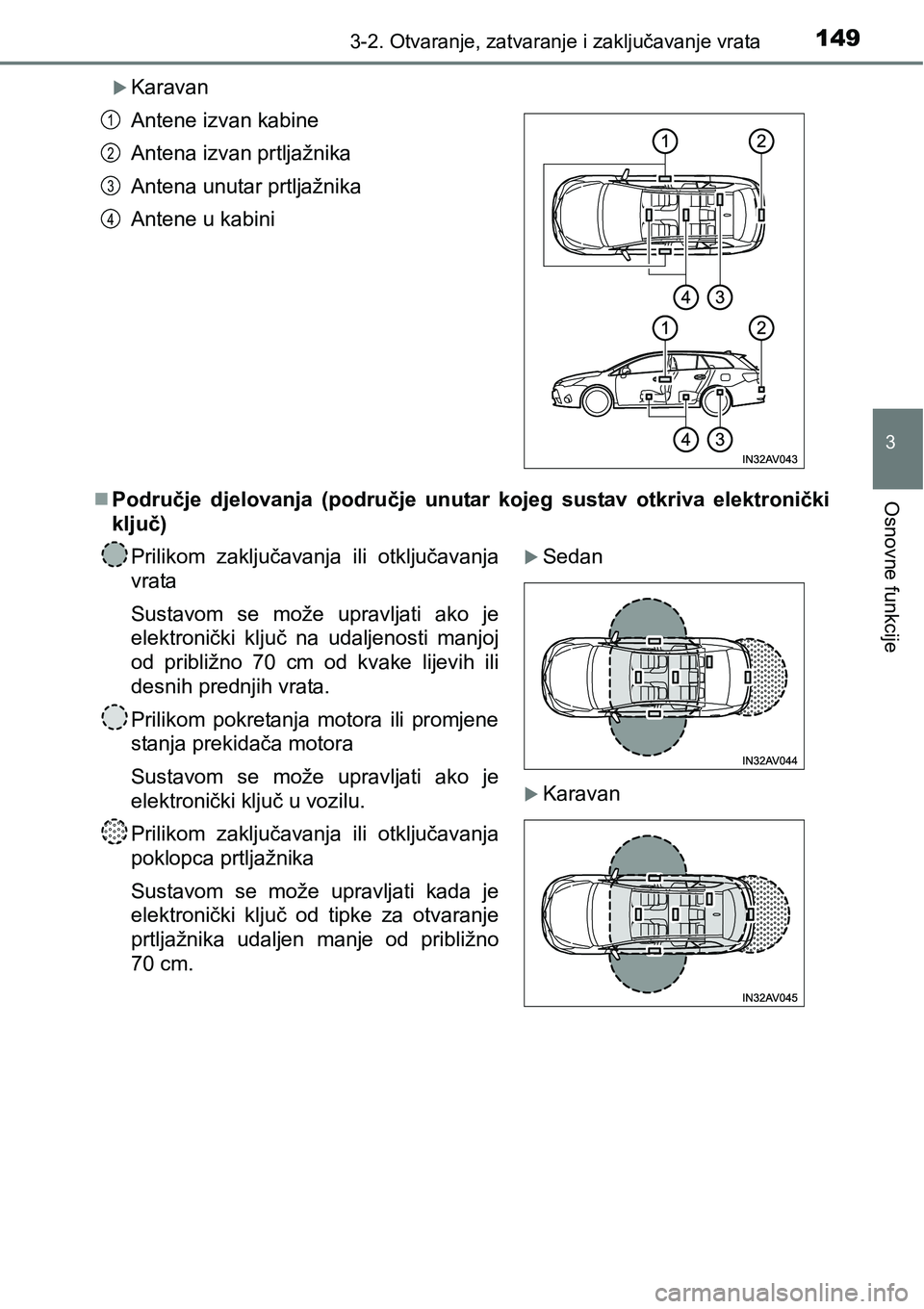 TOYOTA AVENSIS 2015  Upute Za Rukovanje (in Croatian) 1493-2. Otvaranje, zatvaranje i zaključavanje vrata
3
Osnovne funkcije
Karavan
Područje djelovanja (područje unutar kojeg sustav otkriva elektronički
ključ) Antene izvan kabine
Antena izvan