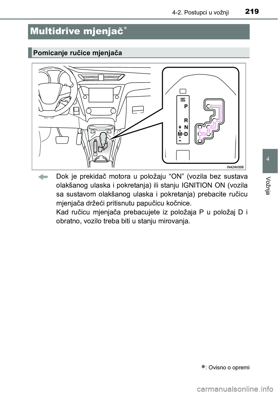 TOYOTA AVENSIS 2015  Upute Za Rukovanje (in Croatian) 219
4
4-2. Postupci u vožnji
Vožnja
Multidrive mjenjač
Dok je prekidač motora u položaju “ON” (vozila bez sustava
olakšanog ulaska i pokretanja) ili stanju IGNITION ON (vozila
sa sustavom