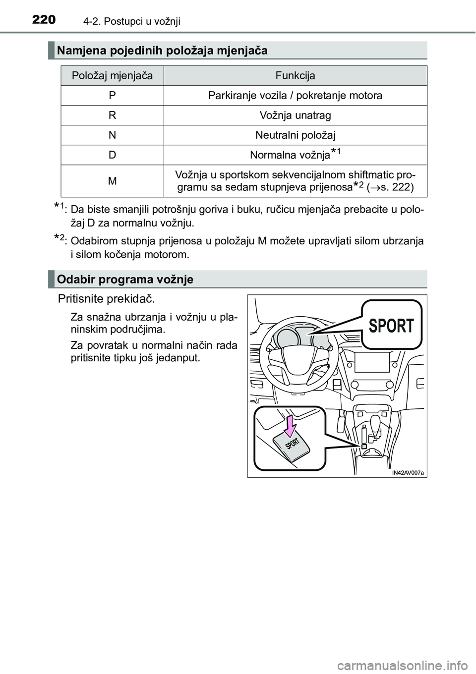 TOYOTA AVENSIS 2015  Upute Za Rukovanje (in Croatian) 2204-2. Postupci u vožnji
*1: Da biste smanjili potrošnju goriva i buku, ručicu mjenjača prebacite u polo-
žaj D za normalnu vožnju.
*2: Odabirom stupnja prijenosa u položaju M možete upravlja