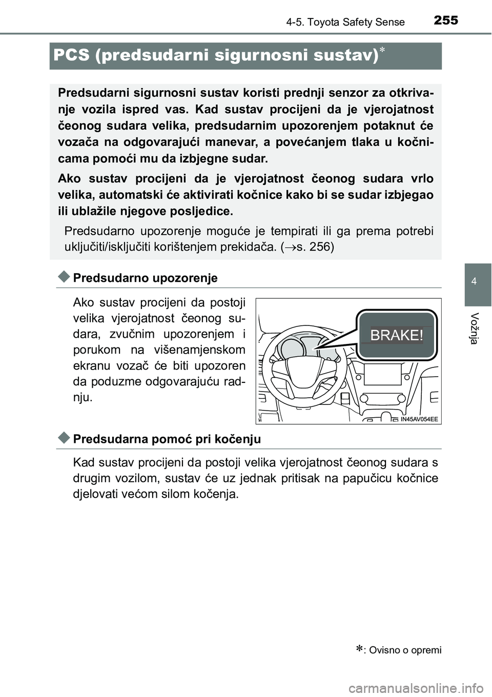 TOYOTA AVENSIS 2015 Upute Za Rukovanje (in Croatian) 255
4
4-5. Toyota Safety Sense
Vožnja
PCS (predsudar ni sigurnosni sustav)
Predsudarno upozorenje
Ako sustav procijeni da postoji
velika vjerojatnost čeonog su-
dara, zvučnim upozorenjem i
po TOYOTA AVENSIS 2015 Upute Za Rukovanje (in Croatian) 255
4
4-5. Toyota Safety Sense
Vožnja
PCS (predsudar ni sigurnosni sustav)
Predsudarno upozorenje
Ako sustav procijeni da postoji
velika vjerojatnost čeonog su-
dara, zvučnim upozorenjem i
po