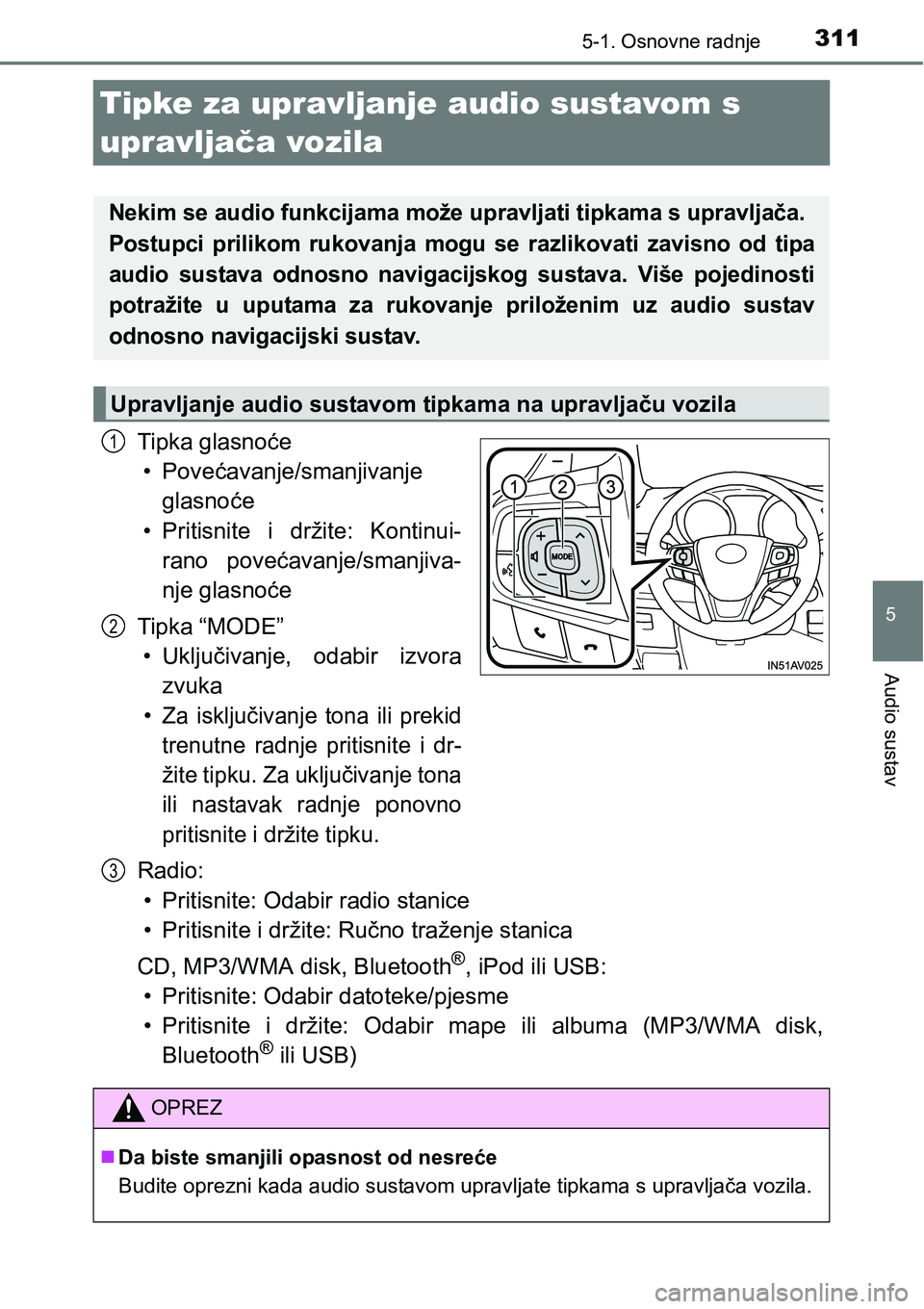 TOYOTA AVENSIS 2015 Upute Za Rukovanje (in Croatian) 311
5
5-1. Osnovne radnje
Audio sustav
Tipke za upravljanje audio sustavom s
upravljača vozila
Tipka glasnoće
•Povećavanje/smanjivanje
glasnoće
• Pritisnite i držite: Kontinui-
rano povećav TOYOTA AVENSIS 2015 Upute Za Rukovanje (in Croatian) 311
5
5-1. Osnovne radnje
Audio sustav
Tipke za upravljanje audio sustavom s
upravljača vozila
Tipka glasnoće
•Povećavanje/smanjivanje
glasnoće
• Pritisnite i držite: Kontinui-
rano povećav