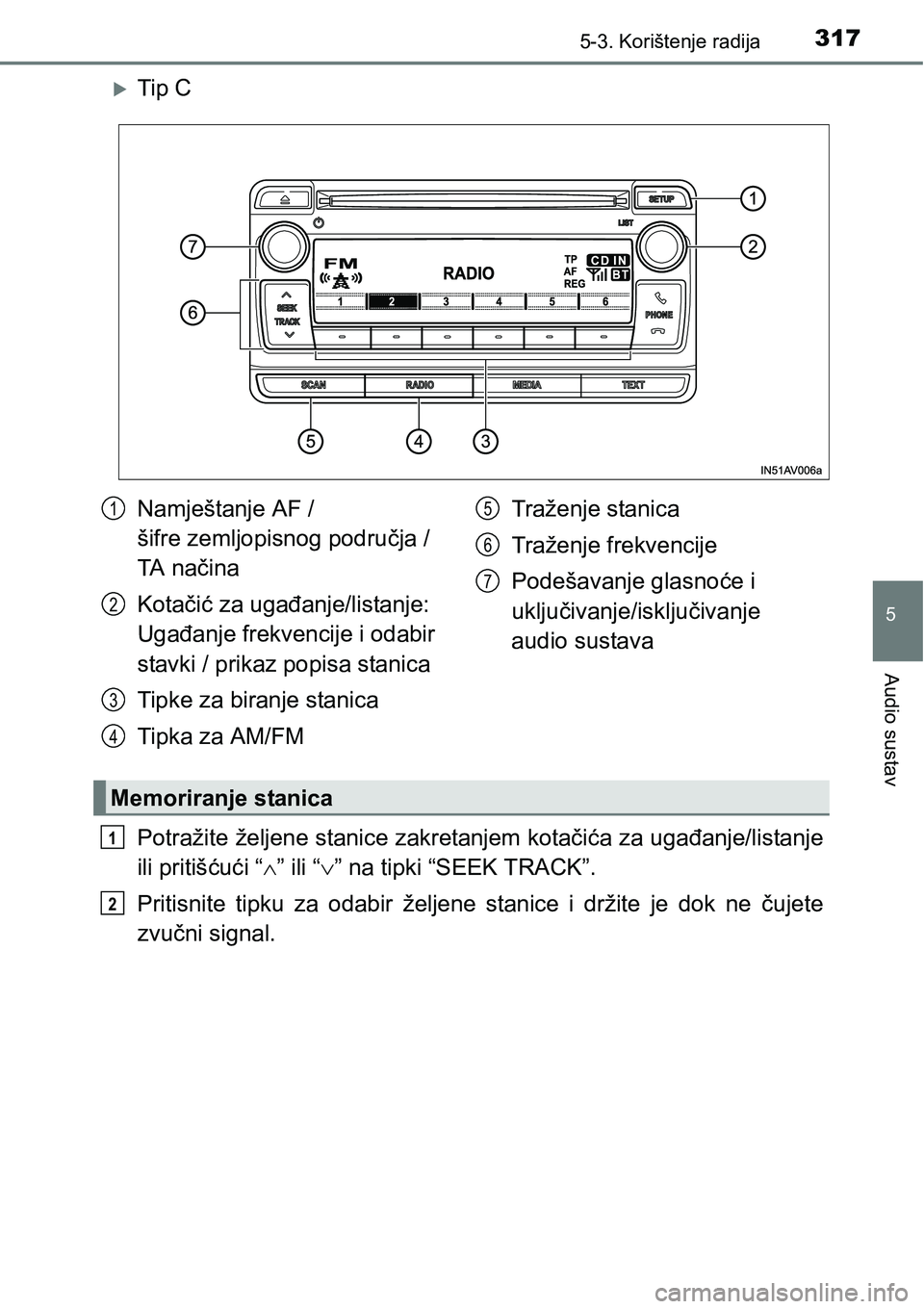 TOYOTA AVENSIS 2015  Upute Za Rukovanje (in Croatian) 3175-3. Korištenje radija
5
Audio sustav
Tip C
Potražite željene stanice zakretanjem kotačića za ugađanje/listanje
ili pritišćući “” ili “” na tipki “SEEK TRACK”.
Pritisn