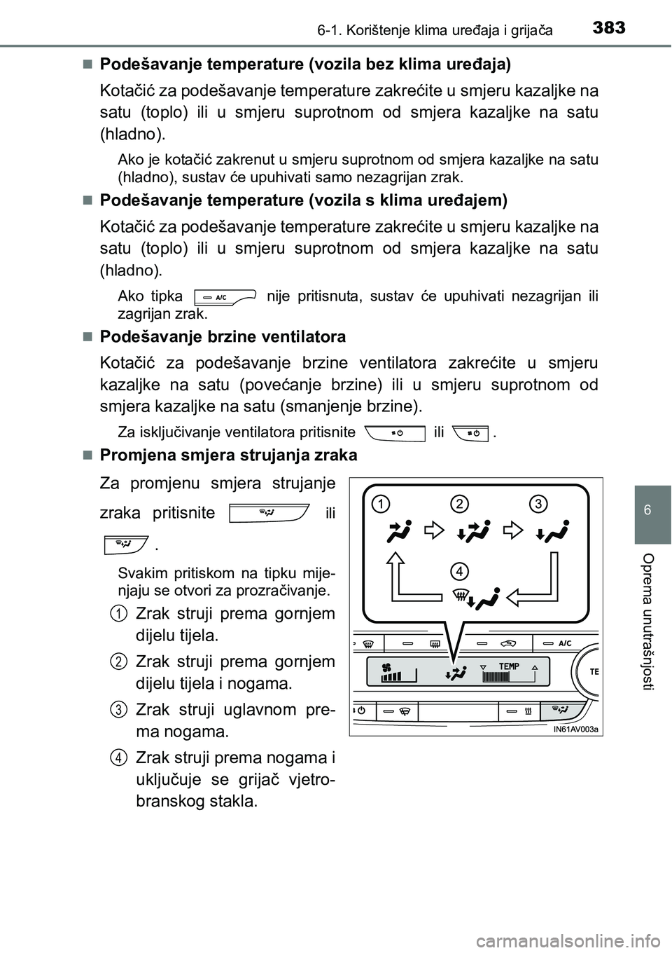 TOYOTA AVENSIS 2015 Upute Za Rukovanje (in Croatian) 3836-1. Korištenje klima uređaja i grijača
6
Oprema unutrašnjosti
Podešavanje temperature (vozila bez klima uređaja)
Kotačić za podešavanje temperature zakrećite u smjeru kazaljke na
satu TOYOTA AVENSIS 2015 Upute Za Rukovanje (in Croatian) 3836-1. Korištenje klima uređaja i grijača
6
Oprema unutrašnjosti
Podešavanje temperature (vozila bez klima uređaja)
Kotačić za podešavanje temperature zakrećite u smjeru kazaljke na
satu
