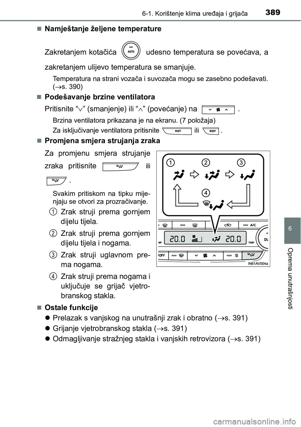 TOYOTA AVENSIS 2015 Upute Za Rukovanje (in Croatian) 3896-1. Korištenje klima uređaja i grijača
6
Oprema unutrašnjosti
Namještanje željene temperature
Zakretanjem kotačića udesno temperatura se povećava, a
zakretanjem ulijevo temperatura s TOYOTA AVENSIS 2015 Upute Za Rukovanje (in Croatian) 3896-1. Korištenje klima uređaja i grijača
6
Oprema unutrašnjosti
Namještanje željene temperature
Zakretanjem kotačića udesno temperatura se povećava, a
zakretanjem ulijevo temperatura s
