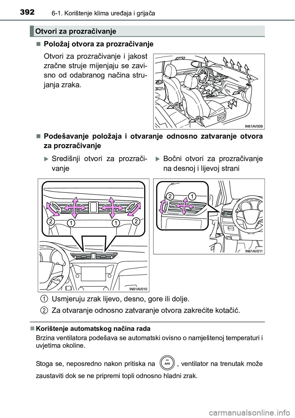TOYOTA AVENSIS 2015  Upute Za Rukovanje (in Croatian) 3926-1. Korištenje klima uređaja i grijača
Položaj otvora za prozračivanje
Otvori za prozračivanje i jakost
zračne struje mijenjaju se zavi-
sno od odabranog načina stru-
janja zraka.
Po