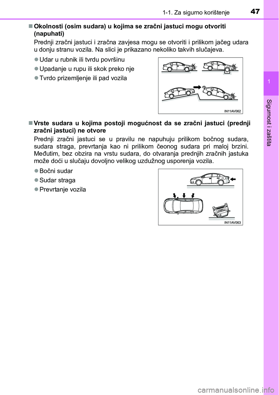 TOYOTA AVENSIS 2015  Upute Za Rukovanje (in Croatian) 471-1. Za sigurno korištenje
1
Sigurnost i zaštita
Okolnosti (osim sudara) u kojima se zračni jastuci mogu otvoriti 
(napuhati)
Prednji zračni jastuci i zračna zavjesa mogu se otvoriti i prili