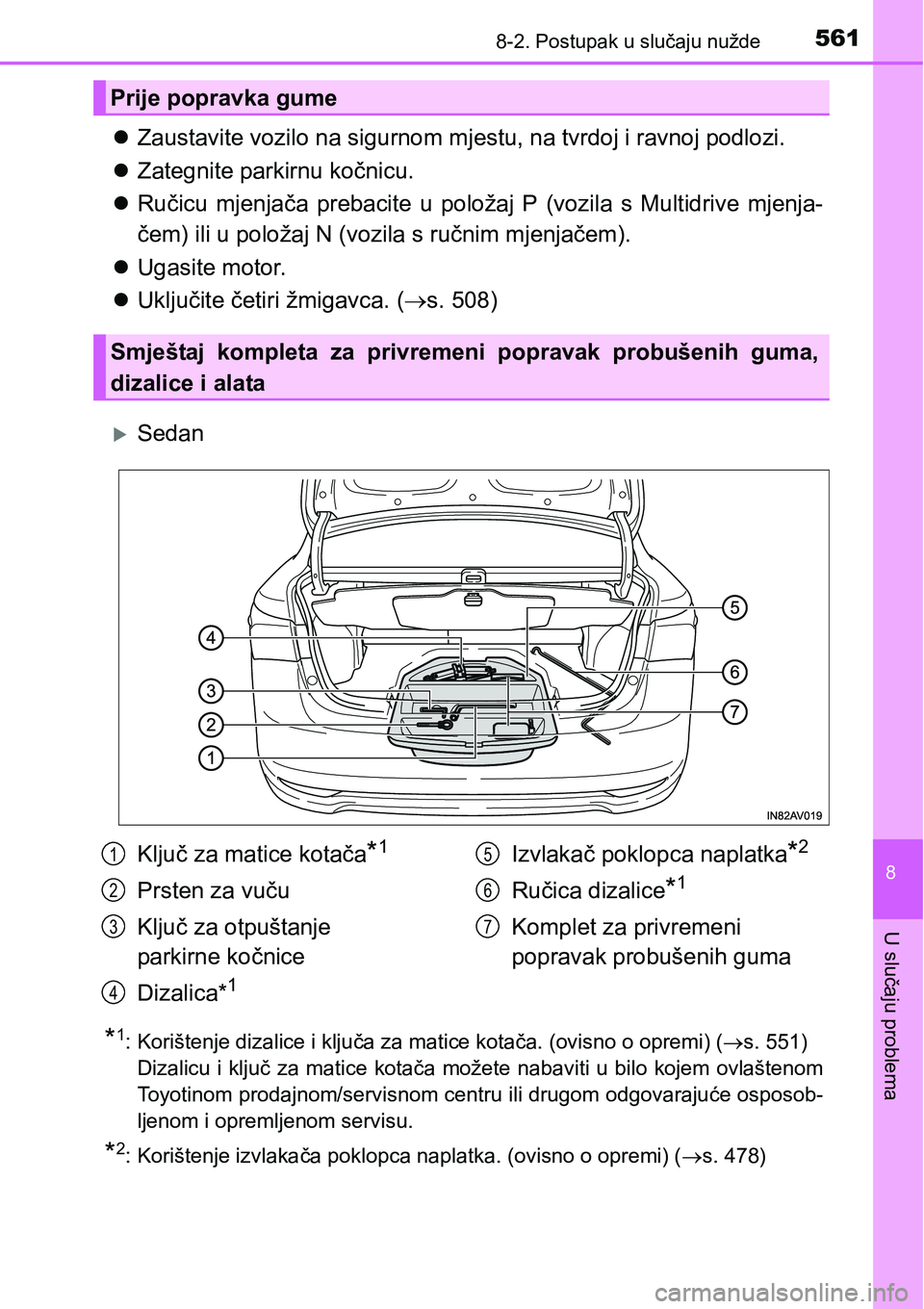 TOYOTA AVENSIS 2015  Upute Za Rukovanje (in Croatian) 5618-2. Postupak u slučaju nužde
8
U slučaju problema
Zaustavite vozilo na sigurnom mjestu, na tvrdoj i ravnoj podlozi.
Zategnite parkirnu kočnicu.
Ručicu mjenjača prebacite u položaj 