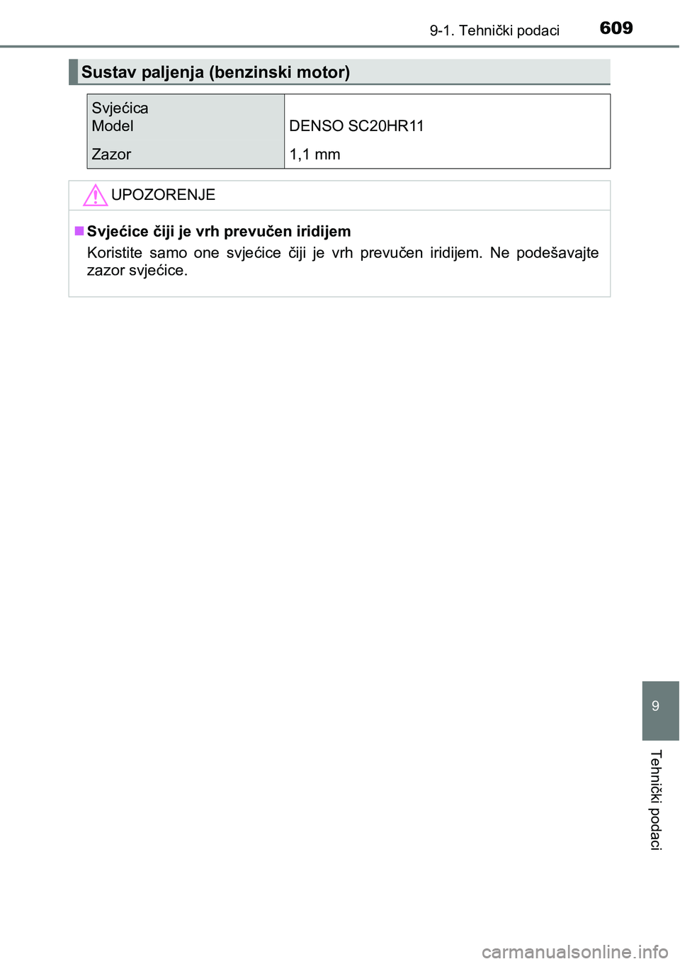TOYOTA AVENSIS 2015  Upute Za Rukovanje (in Croatian) 6099-1. Tehnički podaci
9
Tehnički podaci
Sustav paljenja (benzinski motor)
Svjećica
Model DENSO SC20HR11
Zazor 1,1 mm
UPOZORENJE
Svjećice čiji je vrh prevučen iridijem
Koristite samo one svj