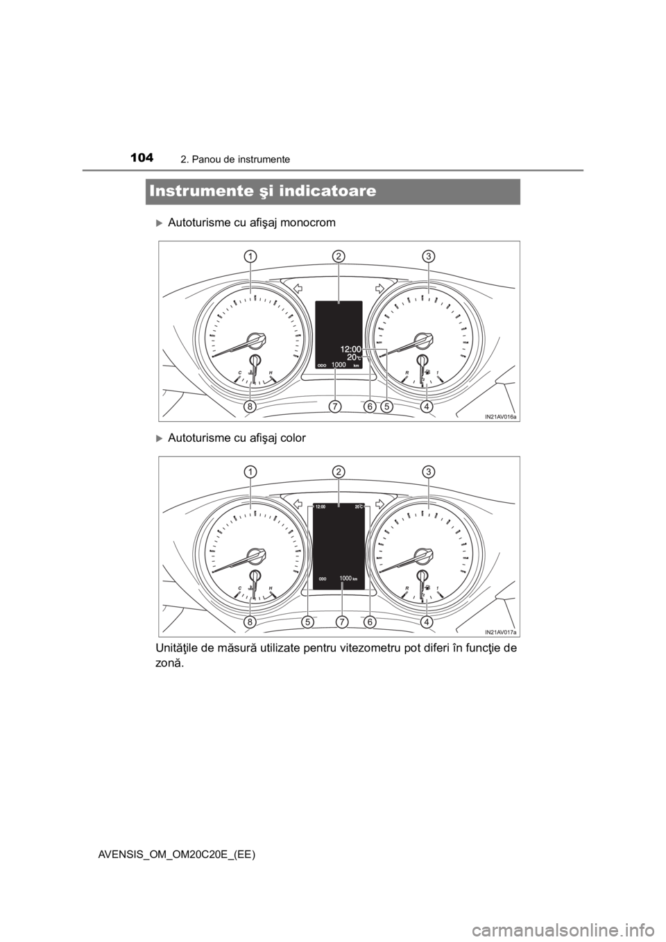TOYOTA AVENSIS 2015  Manual de utilizare (in Romanian) 1042. Panou de instrumente
AVENSIS_OM_OM20C20E_(EE)
Instrumente şi indicatoare
Autoturisme cu afişaj monocrom
Autoturisme cu afişaj color
Unităţile de măsură utilizate pentru vitezometru 