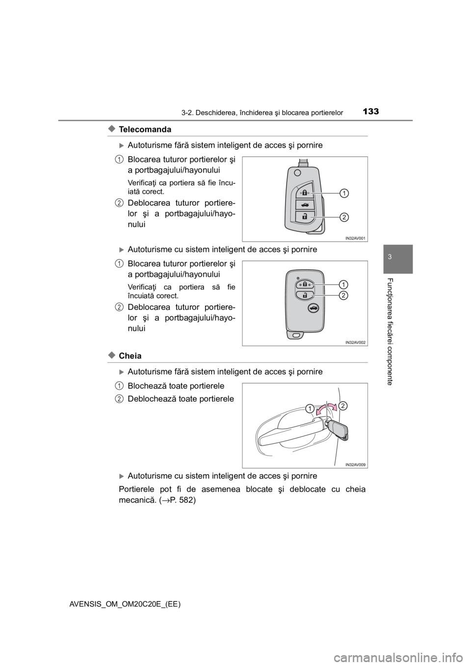 TOYOTA AVENSIS 2015  Manual de utilizare (in Romanian) 1333-2. Deschiderea, închiderea şi blocarea portierelor
3
Funcţionarea fiecărei componente
AVENSIS_OM_OM20C20E_(EE)
◆Telecomanda
Autoturisme fără sistem inteligent de acces şi pornire
Bloc