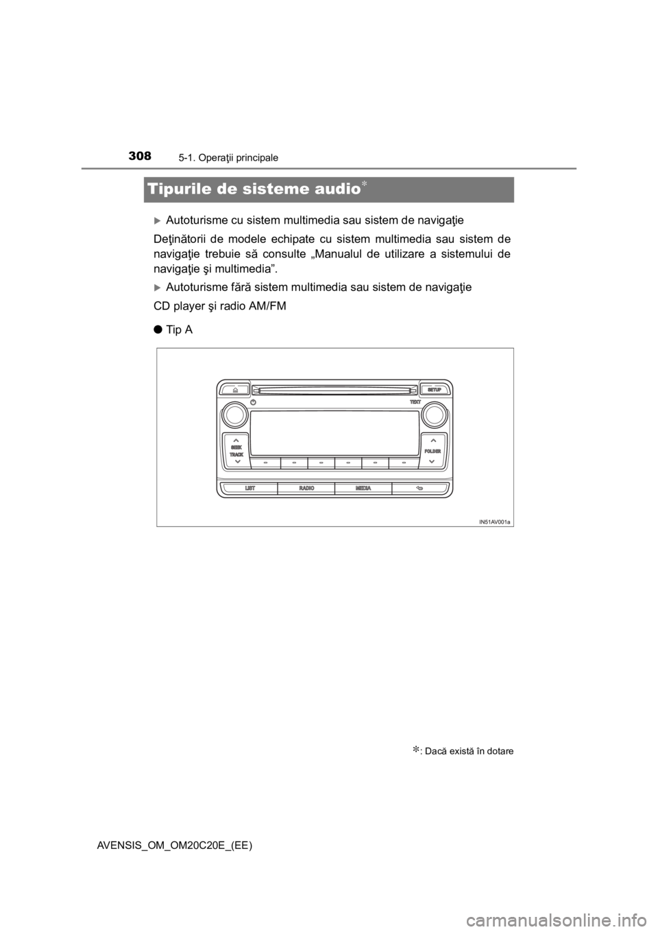 TOYOTA AVENSIS 2015  Manual de utilizare (in Romanian) 3085-1. Operaţii principale
AVENSIS_OM_OM20C20E_(EE)
Tipurile de sisteme audio∗
Autoturisme cu sistem multimedia sau sistem de navigaţie
Deţinătorii de modele echipate cu sistem multimedia sa