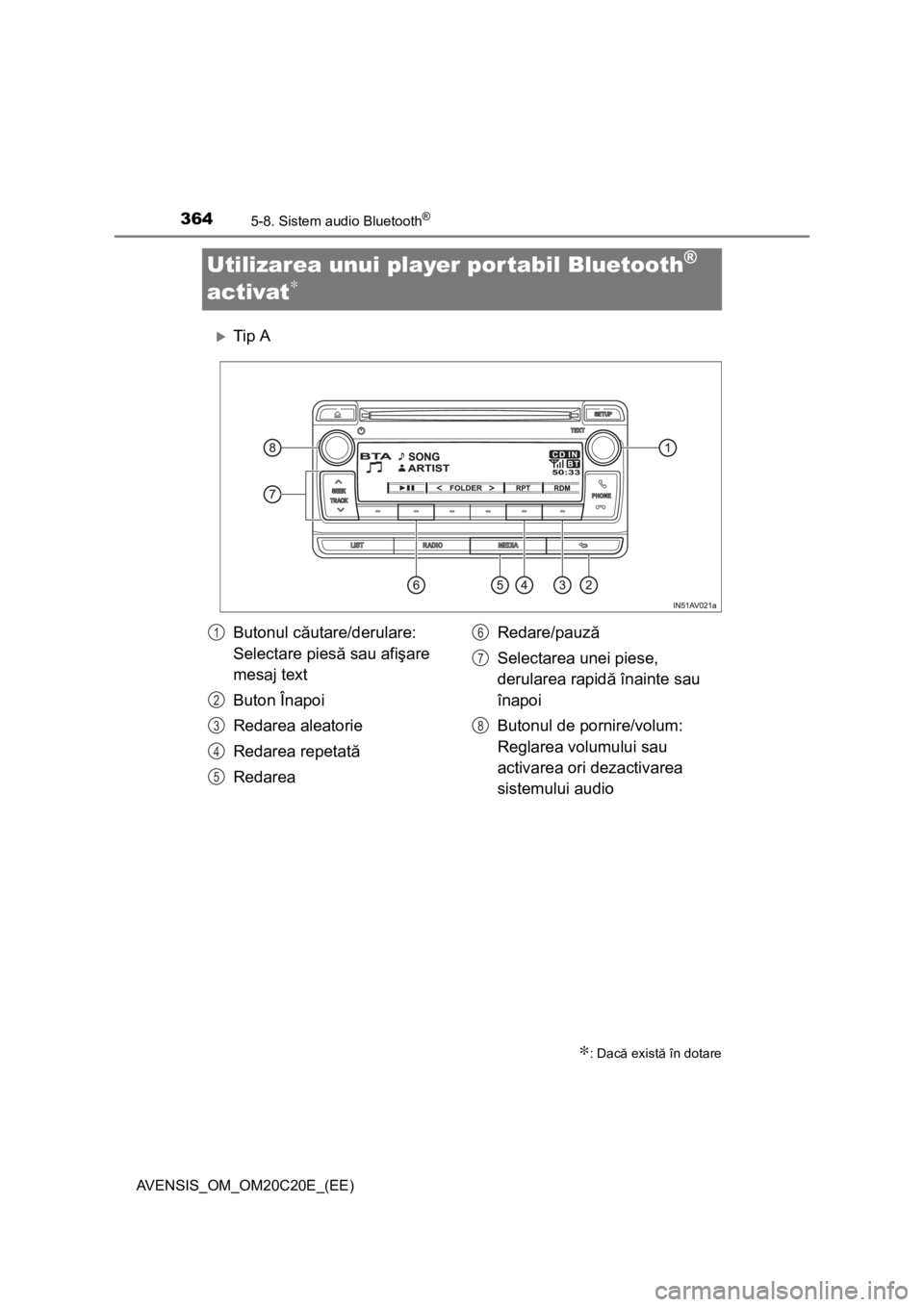 TOYOTA AVENSIS 2015  Manual de utilizare (in Romanian) 3645-8. Sistem audio Bluetooth®
AVENSIS_OM_OM20C20E_(EE)
Utilizarea unui player portabil Bluetooth® 
activat
∗
Tip A
∗: Dacă există în dotare
Butonul căutare/derulare: 
Selectare piesă s