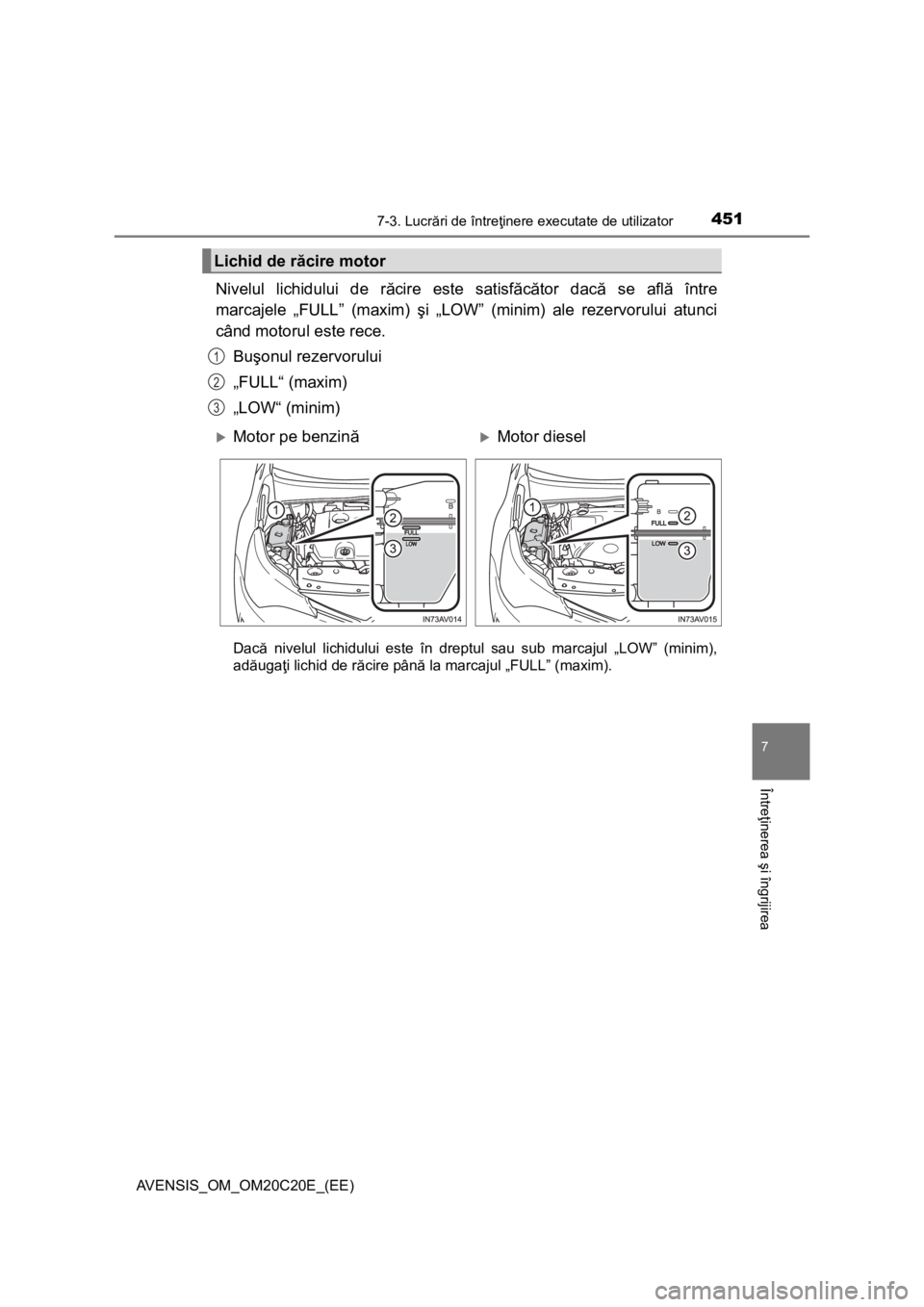TOYOTA AVENSIS 2015  Manual de utilizare (in Romanian) 4517-3. Lucrări de întreţinere executate de utilizator
AVENSIS_OM_OM20C20E_(EE)
7
Întreţinerea şi îngrijirea
Nivelul lichidului de răcire este satisfăcător dacă se află între
marcajele 