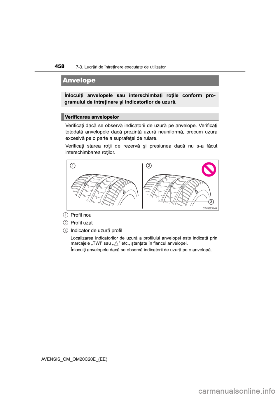 TOYOTA AVENSIS 2015  Manual de utilizare (in Romanian) 4587-3. Lucrări de întreţinere executate de utilizator
AVENSIS_OM_OM20C20E_(EE)
Anvelope
Ve r i f i c aţi dacă se observă indicatorii de uzură pe anvelope. Verificaţi
totodată anvelopele dac