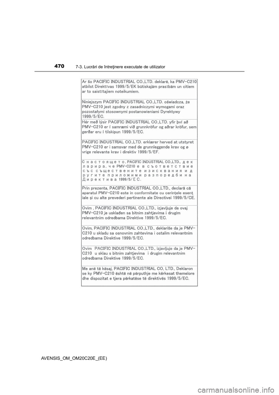TOYOTA AVENSIS 2015  Manual de utilizare (in Romanian) 4707-3. Lucrări de întreţinere executate de utilizator
AVENSIS_OM_OM20C20E_(EE) 