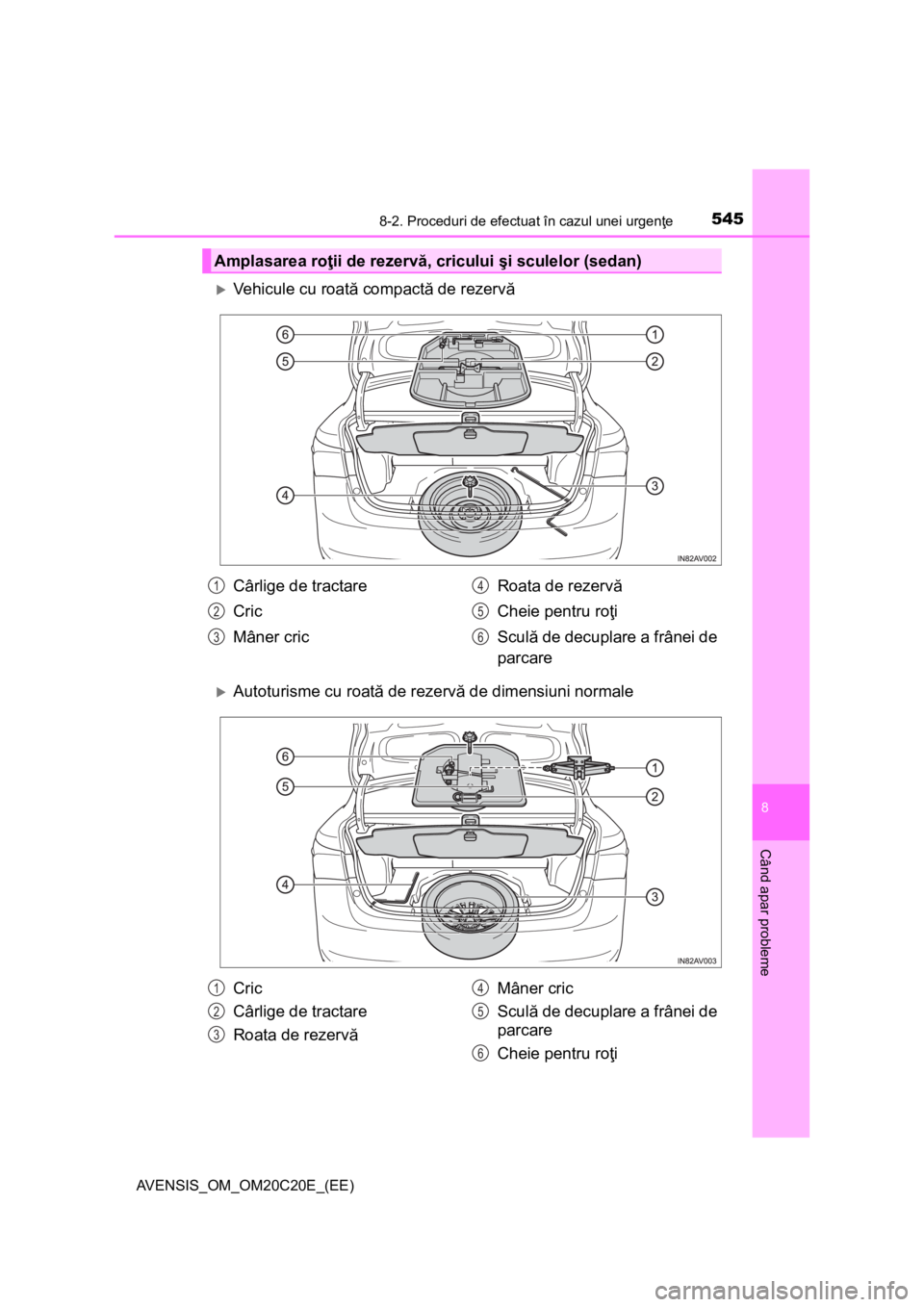 TOYOTA AVENSIS 2015  Manual de utilizare (in Romanian) 5458-2. Proceduri de efectuat în cazul unei urgenţe
AVENSIS_OM_OM20C20E_(EE)
8
Când apar probleme
Vehicule cu roată compactă de rezervă
Autoturisme cu roată de rezervă de dimensiuni norm