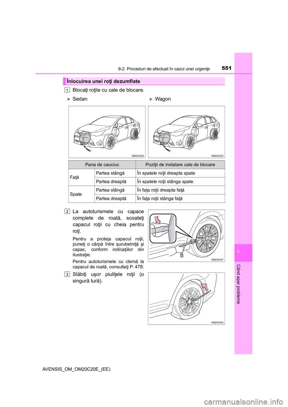 TOYOTA AVENSIS 2015  Manual de utilizare (in Romanian) 5518-2. Proceduri de efectuat în cazul unei urgenţe
AVENSIS_OM_OM20C20E_(EE)
8
Când apar probleme
Blocaţi roţile cu cale de blocare.
La autoturismele cu capace
complete de roată, scoateţi
capac