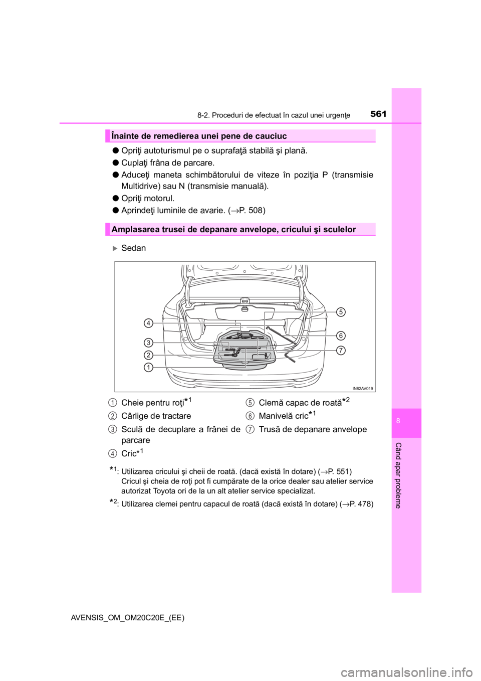 TOYOTA AVENSIS 2015  Manual de utilizare (in Romanian) 5618-2. Proceduri de efectuat în cazul unei urgenţe
AVENSIS_OM_OM20C20E_(EE)
8
Când apar probleme
●Opriţi autoturismul pe o suprafaţă stabilă şi plană.
●Cuplaţi frâna de parcare.
●Adu