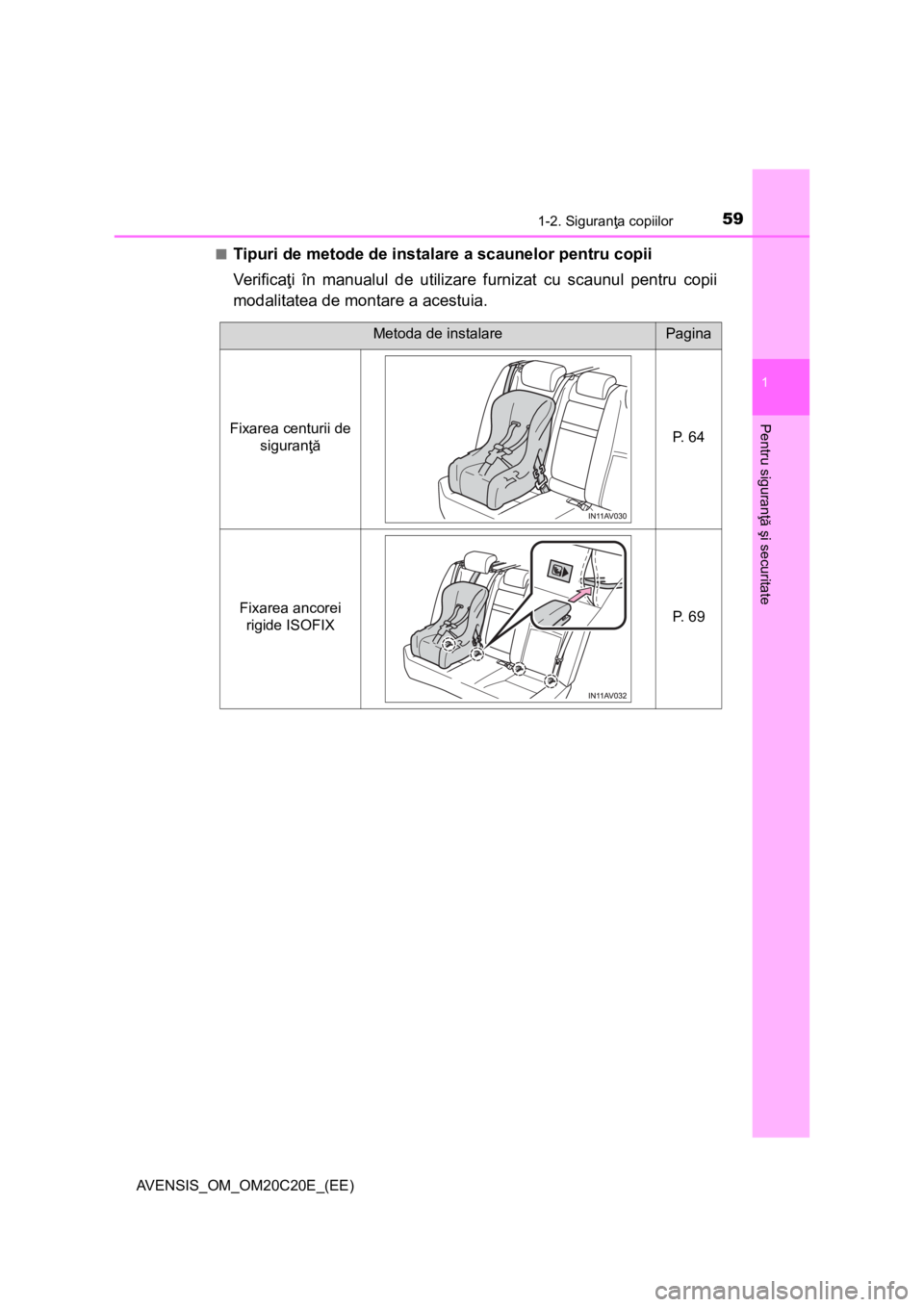 TOYOTA AVENSIS 2015  Manual de utilizare (in Romanian) 591-2. Siguranţa copiilor
1
AVENSIS_OM_OM20C20E_(EE)
Pentru siguranţă şi securitate
■Tipuri de metode de instalare a scaunelor pentru copii
Ve r i f i c aţi în manualul de utilizare furnizat c