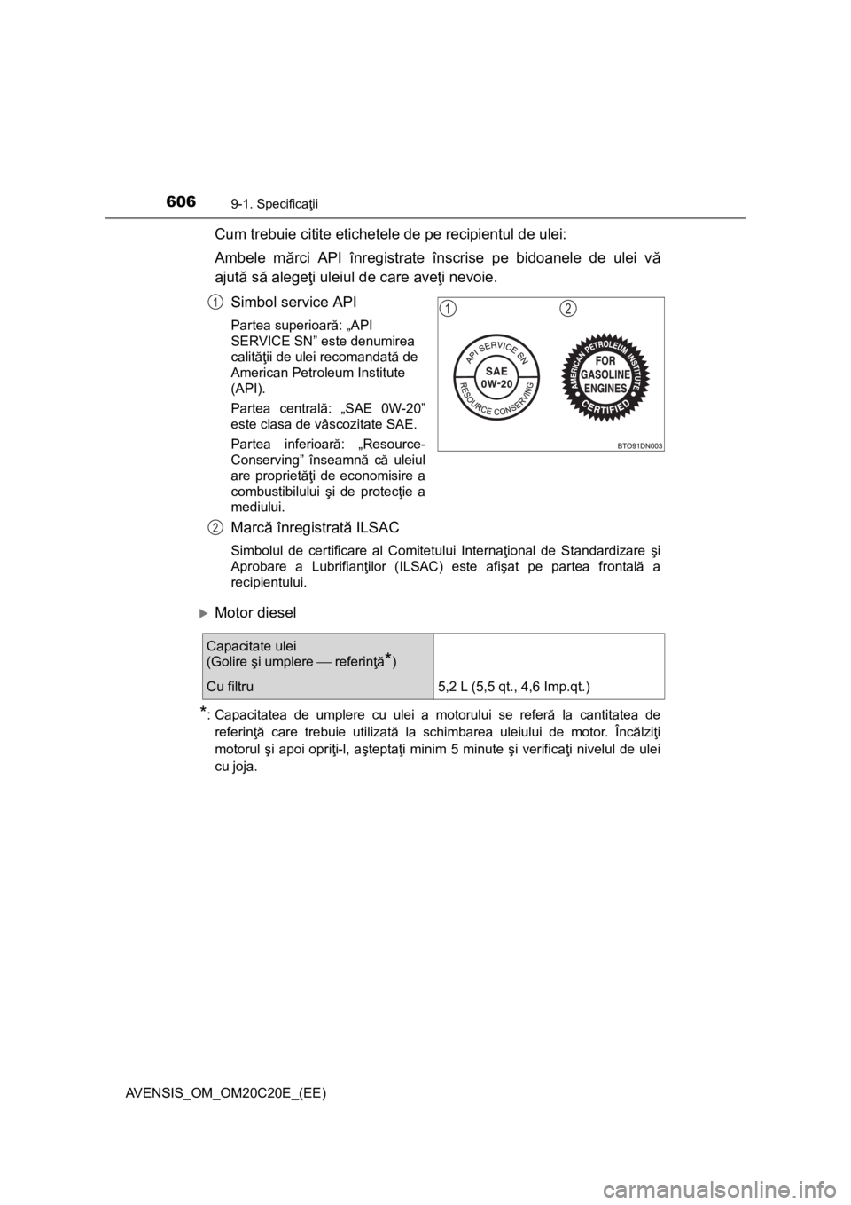 TOYOTA AVENSIS 2015  Manual de utilizare (in Romanian) 6069-1. Specificaţii
AVENSIS_OM_OM20C20E_(EE)
Cum trebuie citite etichetele de pe recipientul de ulei:
Ambele mărci API înregistrate înscrise pe bidoanele de ulei vă
ajută să alegeţi uleiul de