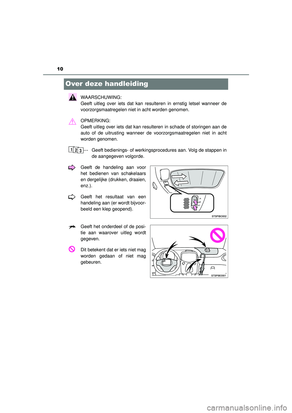TOYOTA AYGO 2021  Instructieboekje (in Dutch) 10
AYGO_OM_Europe_OM9A012E
Over deze handleiding
WAARSCHUWING: 
Geeft uitleg over iets dat kan resulteren in ernstig letsel wanneer de
voorzorgsmaatregelen niet in acht worden genomen.
OPMERKING: 
Gee