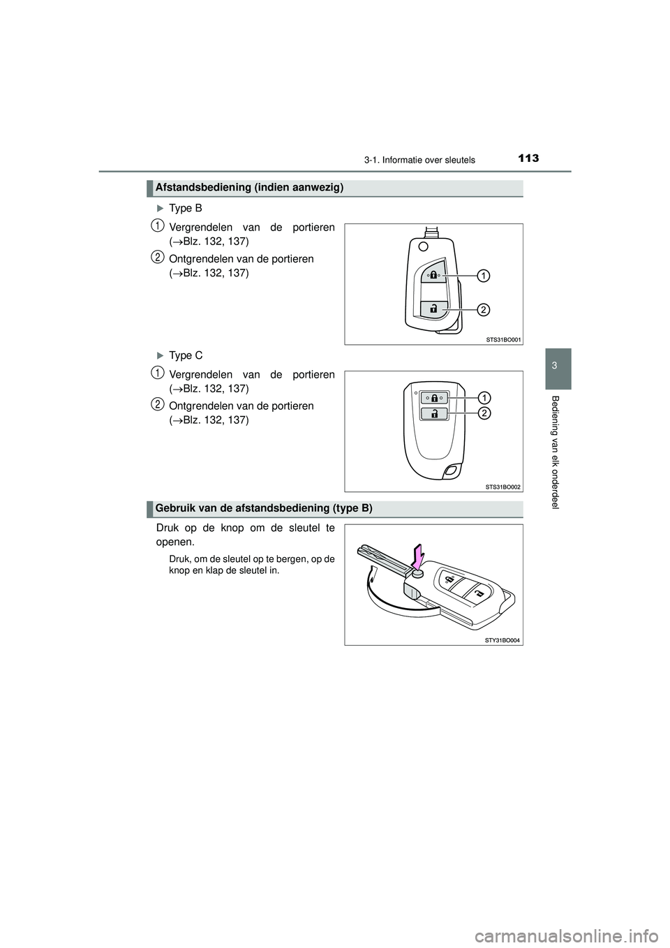 TOYOTA AYGO 2021  Instructieboekje (in Dutch) 1133-1. Informatie over sleutels
3
Bediening van elk onderdeel
AYGO_OM_Europe_OM9A012E
Type B
Vergrendelen van de portieren
(Blz. 132, 137)
Ontgrendelen van de portieren 
( Blz. 132, 137)
