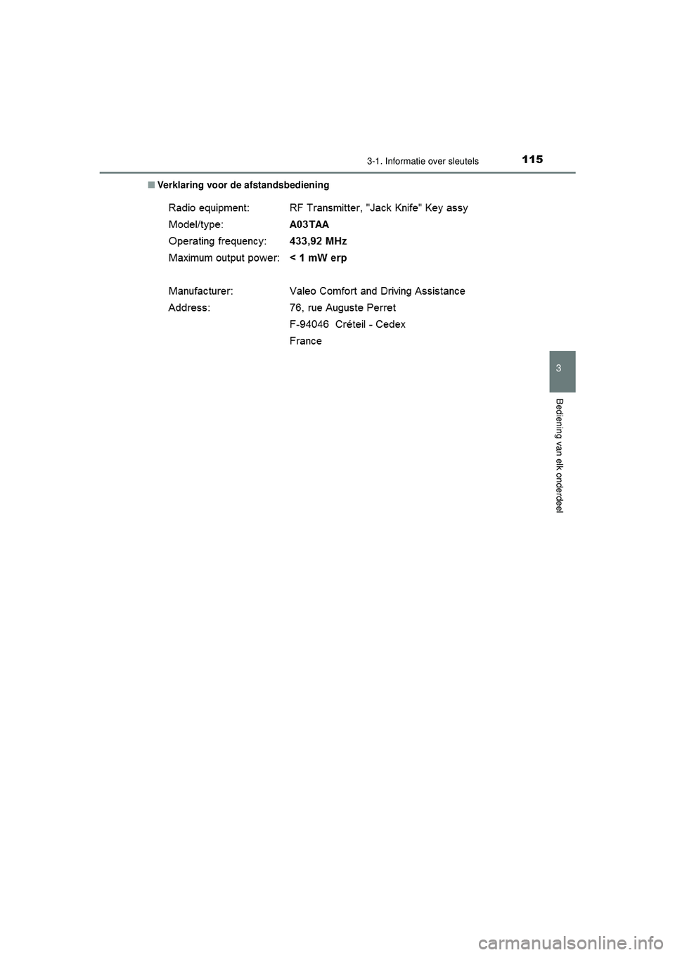 TOYOTA AYGO 2021  Instructieboekje (in Dutch) 1153-1. Informatie over sleutels
3
Bediening van elk onderdeel
AYGO_OM_Europe_OM9A012E■
Verklaring voor de afstandsbediening
AYGO_OM_Europe_OM9A012E.book  Page 115  Wednesday, October 28, 2020  10:3