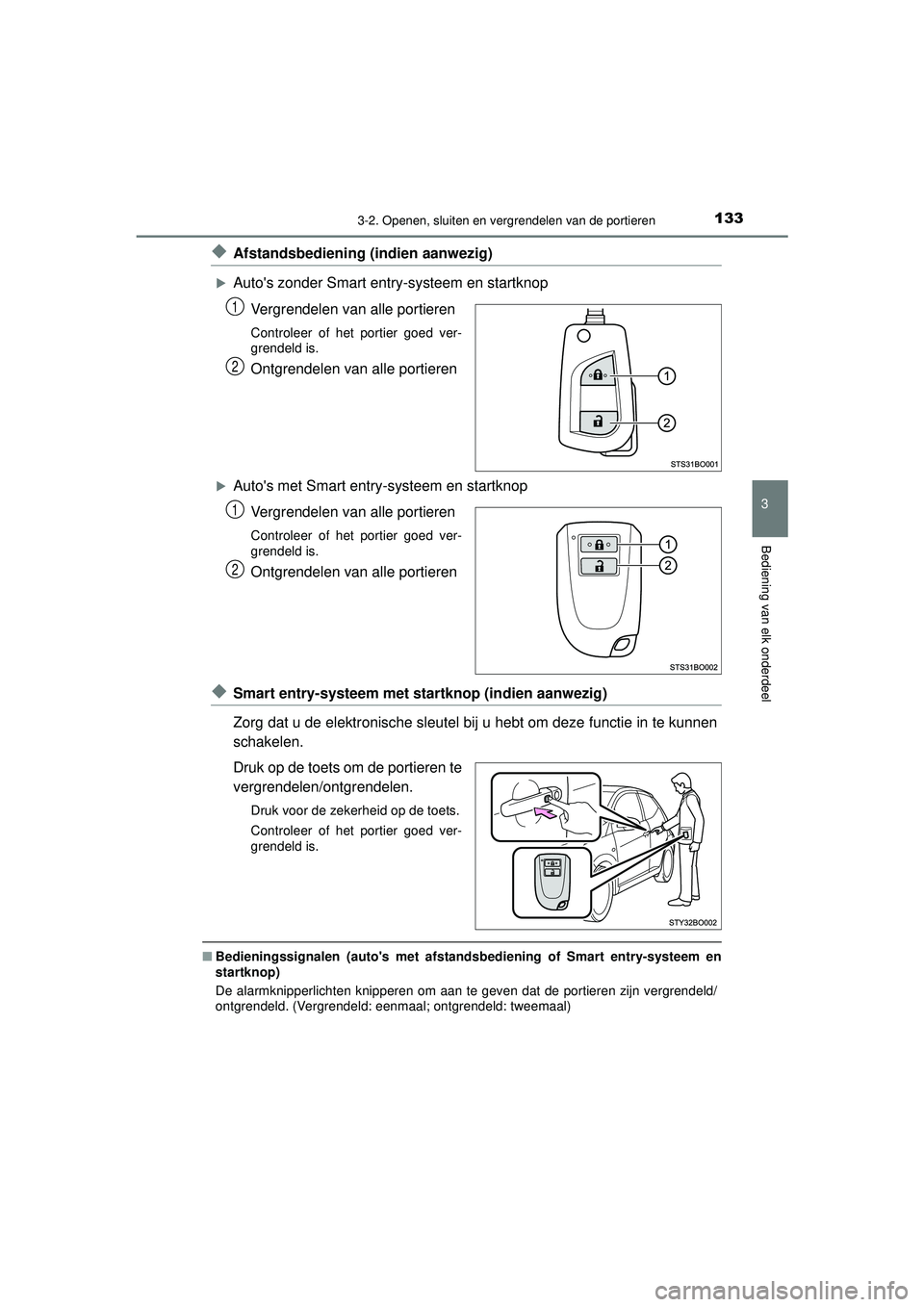 TOYOTA AYGO 2021  Instructieboekje (in Dutch) 1333-2. Openen, sluiten en vergrendelen van de portieren
3
Bediening van elk onderdeel
AYGO_OM_Europe_OM9A012E
◆Afstandsbediening (indien aanwezig)
Autos zonder Smart entry-systeem en startknopV
