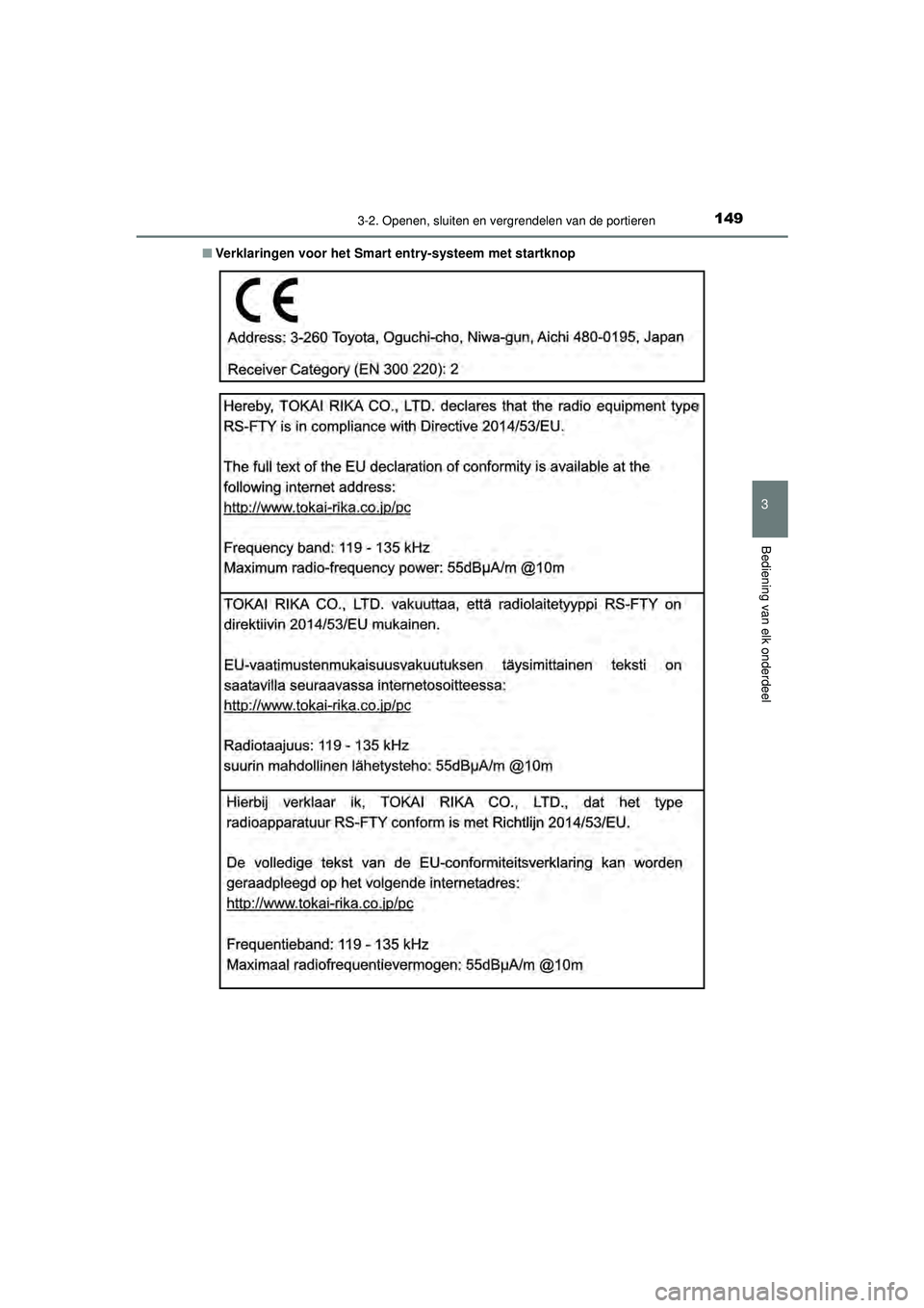 TOYOTA AYGO 2021  Instructieboekje (in Dutch) 1493-2. Openen, sluiten en vergrendelen van de portieren
3
Bediening van elk onderdeel
AYGO_OM_Europe_OM9A012E■
Verklaringen voor het Smart  entry-systeem met startknop
AYGO_OM_Europe_OM9A012E.book 