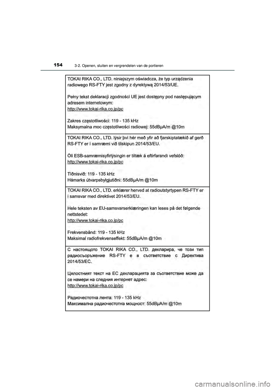 TOYOTA AYGO 2021  Instructieboekje (in Dutch) 1543-2. Openen, sluiten en vergrendelen van de portieren
AYGO_OM_Europe_OM9A012E
AYGO_OM_Europe_OM9A012E.book  Page 154  Wednesday, October 28, 2020  10:30 AM 