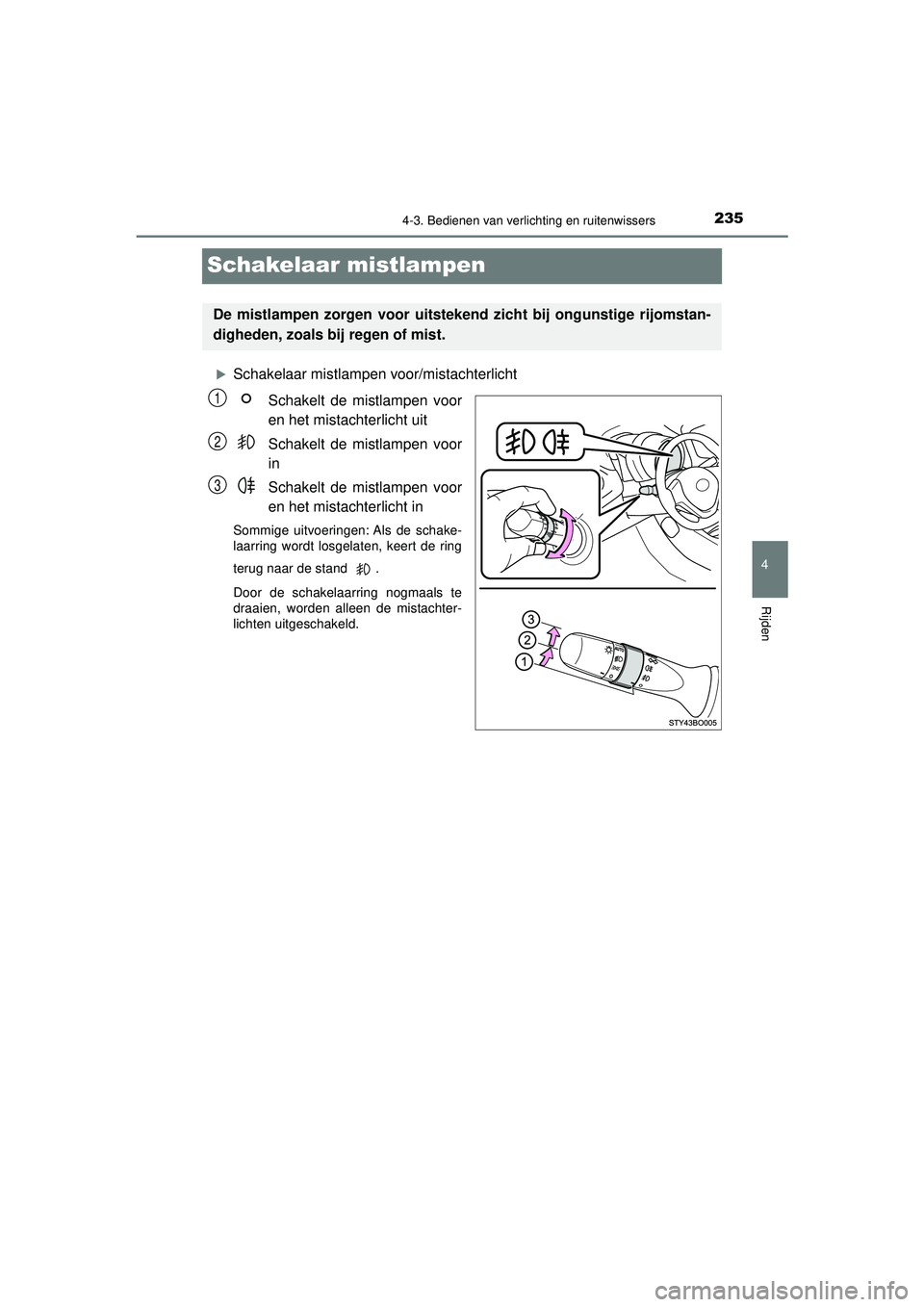 TOYOTA AYGO 2021  Instructieboekje (in Dutch) 235
4
4-3. Bedienen van verlichting en ruitenwissers
Rijden
AYGO_OM_Europe_OM9A012E
Schakelaar mistlampen
Schakelaar mistlampen voor/mistachterlichtSchakelt de mistlampen voor
en het mistachterlich