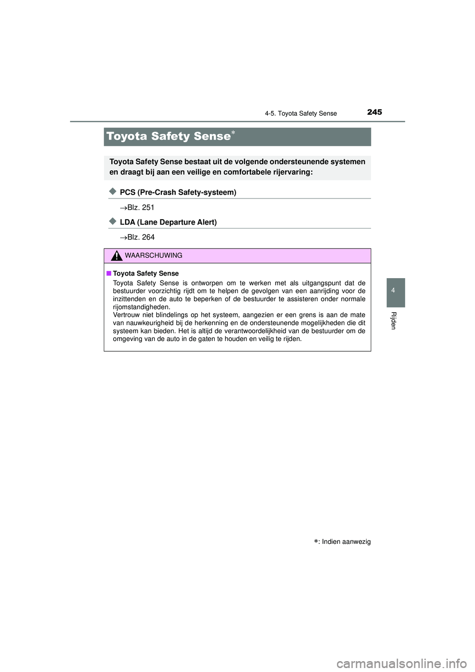 TOYOTA AYGO 2021  Instructieboekje (in Dutch) 245
4
4-5. Toyota Safety Sense
Rijden
AYGO_OM_Europe_OM9A012E
Toyota Safety Sense
◆PCS (Pre-Crash Safety-systeem)
Blz. 251
◆LDA (Lane Departure Alert)
Blz. 264
: Indien aanwezig
Toyota