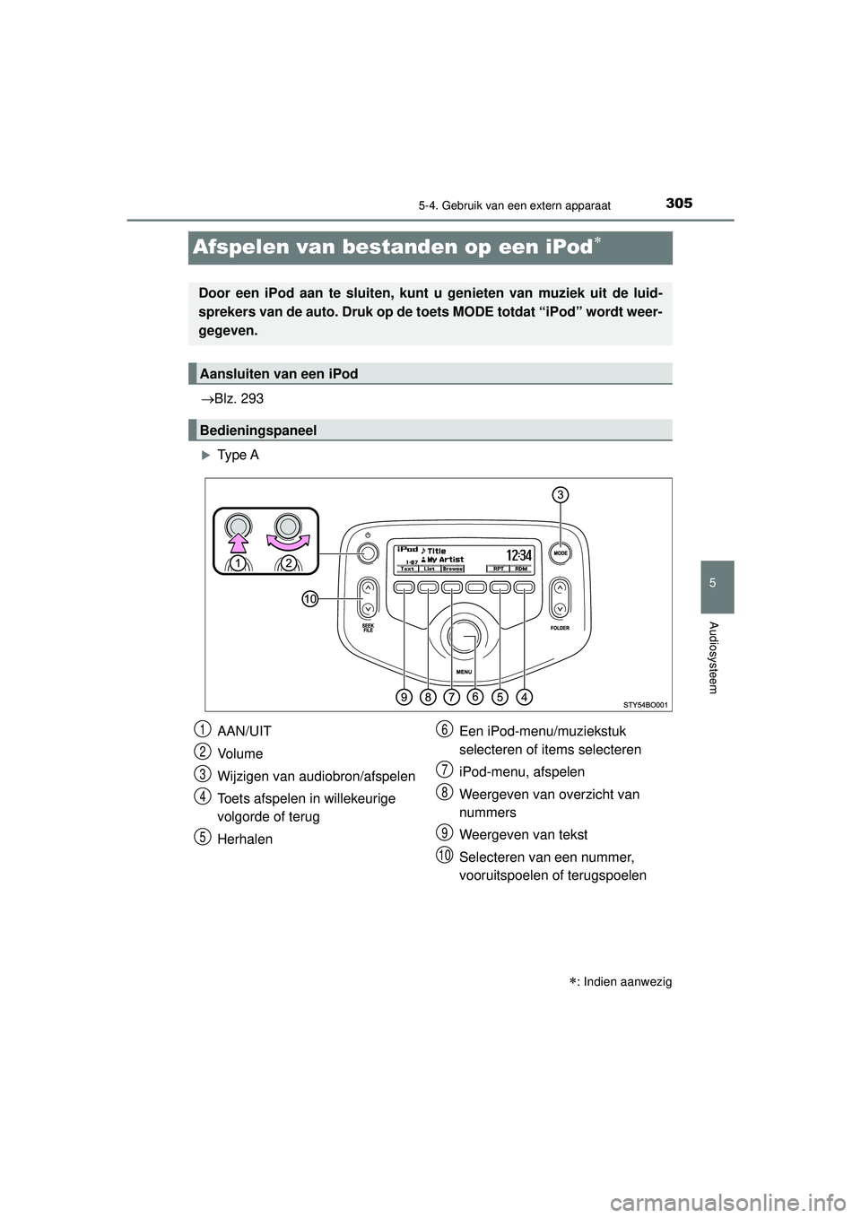TOYOTA AYGO 2021  Instructieboekje (in Dutch) 305
5
5-4. Gebruik van een extern apparaat
Audiosysteem
AYGO_OM_Europe_OM9A012E
Afspelen van bestanden op een iPod
Blz. 293
Type A
: Indien aanwezig
Door een iPod aan te sluiten, kunt u ge