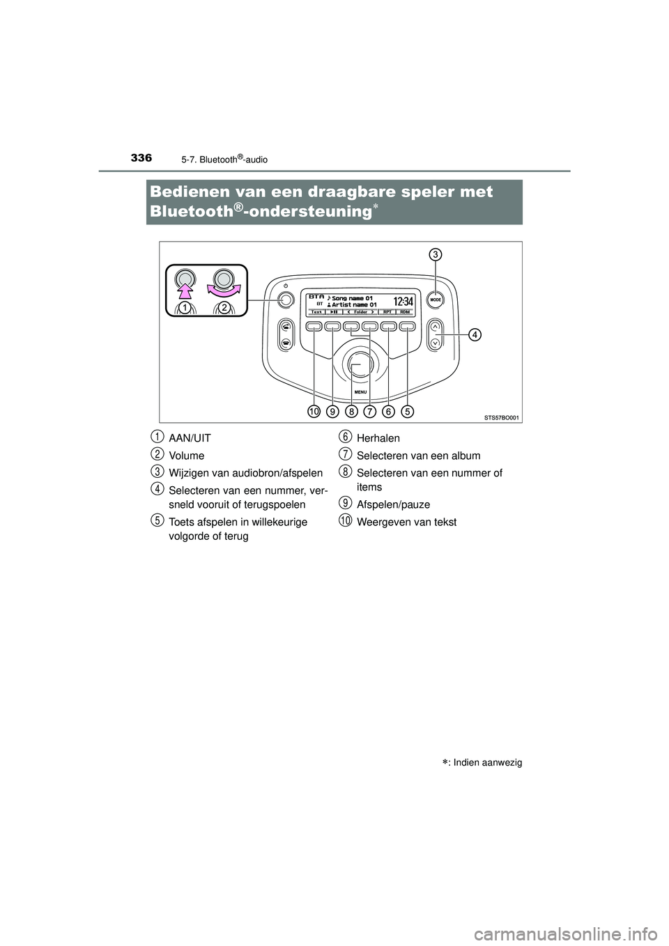 TOYOTA AYGO 2021  Instructieboekje (in Dutch) 3365-7. Bluetooth®-audio
AYGO_OM_Europe_OM9A012E
Bedienen van een draagbare speler met 
Bluetooth
®-ondersteuning
: Indien aanwezig
AAN/UIT
Vo l u m e
Wijzigen van audiobron/afspelen
Selectere