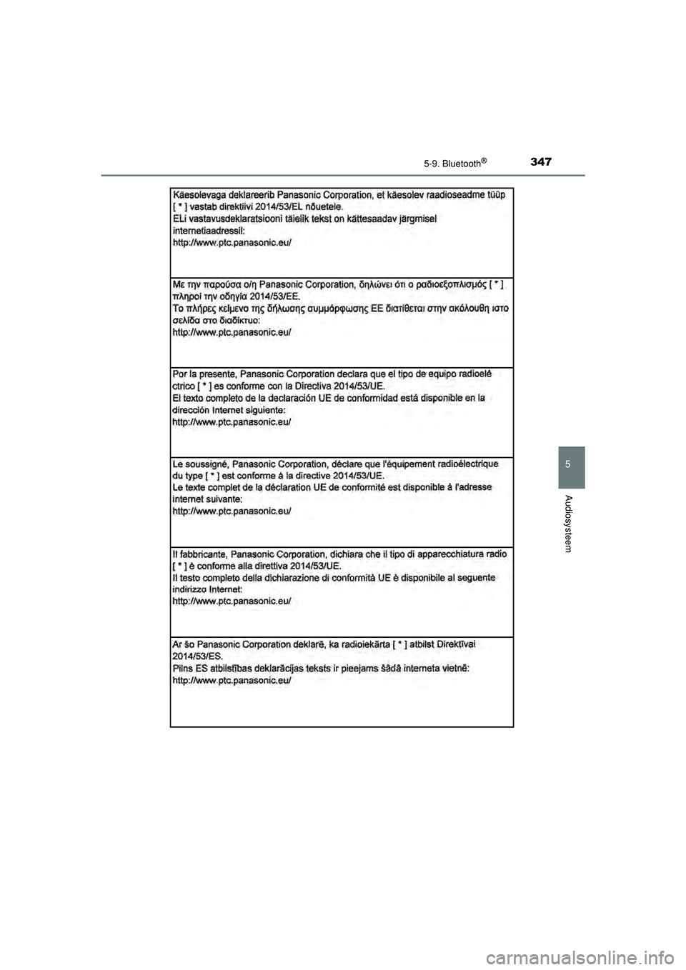 TOYOTA AYGO 2021  Instructieboekje (in Dutch) 3475-9. Bluetooth®
5
Audiosysteem
AYGO_OM_Europe_OM9A012E
AYGO_OM_Europe_OM9A012E.book  Page 347  Wednesday, October 28, 2020  10:30 AM 