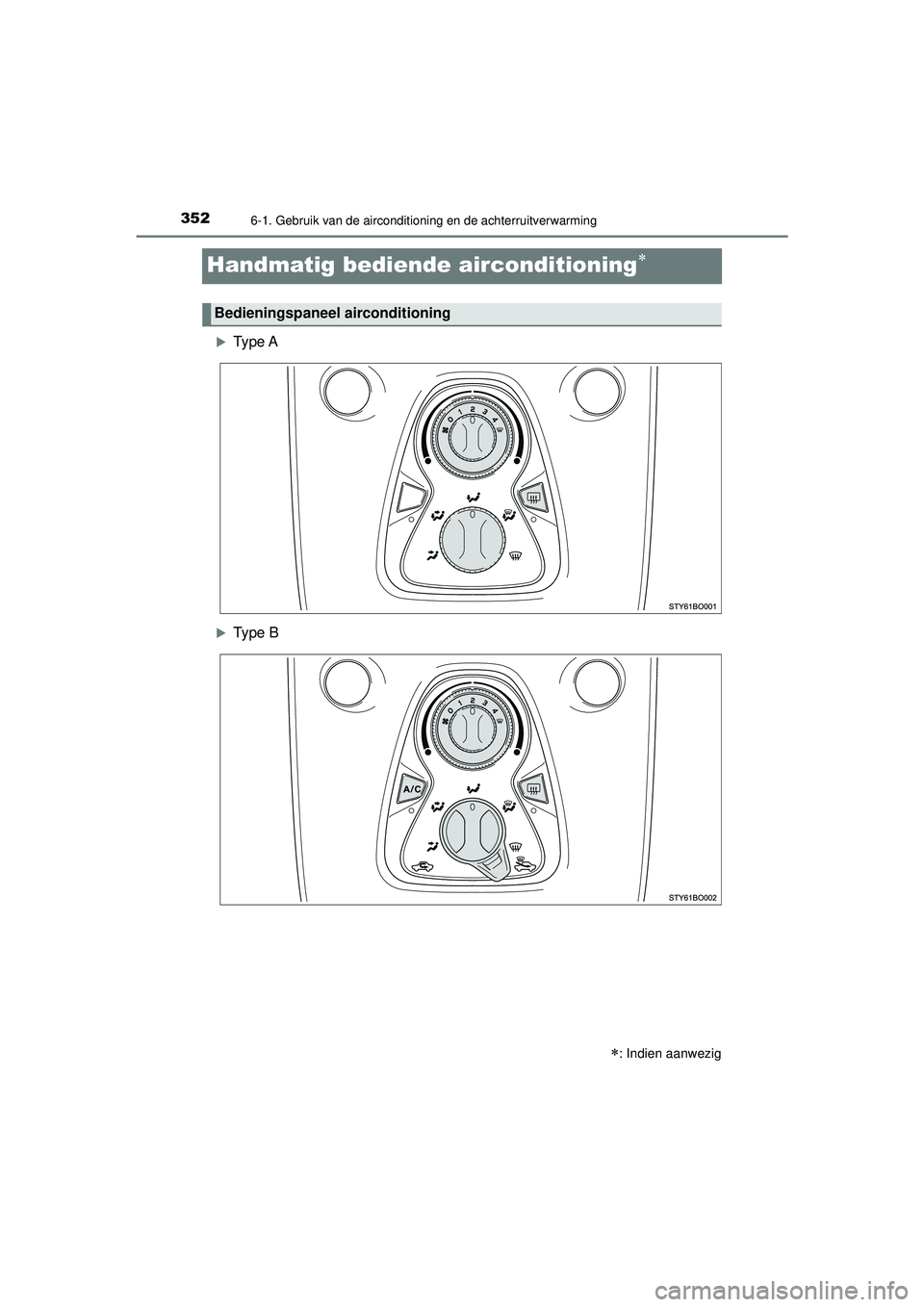 TOYOTA AYGO 2021  Instructieboekje (in Dutch) 3526-1. Gebruik van de airconditioning en de achterruitverwarming
AYGO_OM_Europe_OM9A012E
Handmatig bediende airconditioning
Type A
Type B
: Indien aanwezig
Bedieningspaneel airconditionin