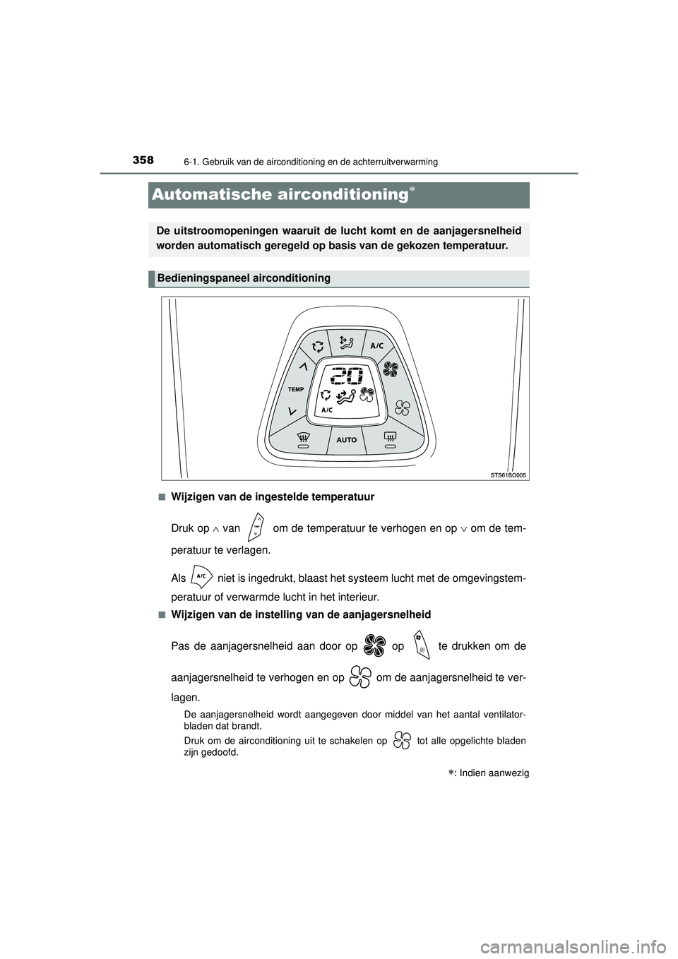 TOYOTA AYGO 2021  Instructieboekje (in Dutch) 3586-1. Gebruik van de airconditioning en de achterruitverwarming
AYGO_OM_Europe_OM9A012E
Automatische airconditioning
■Wijzigen van de ingestelde temperatuur
Druk op  van   om de temperatuur 