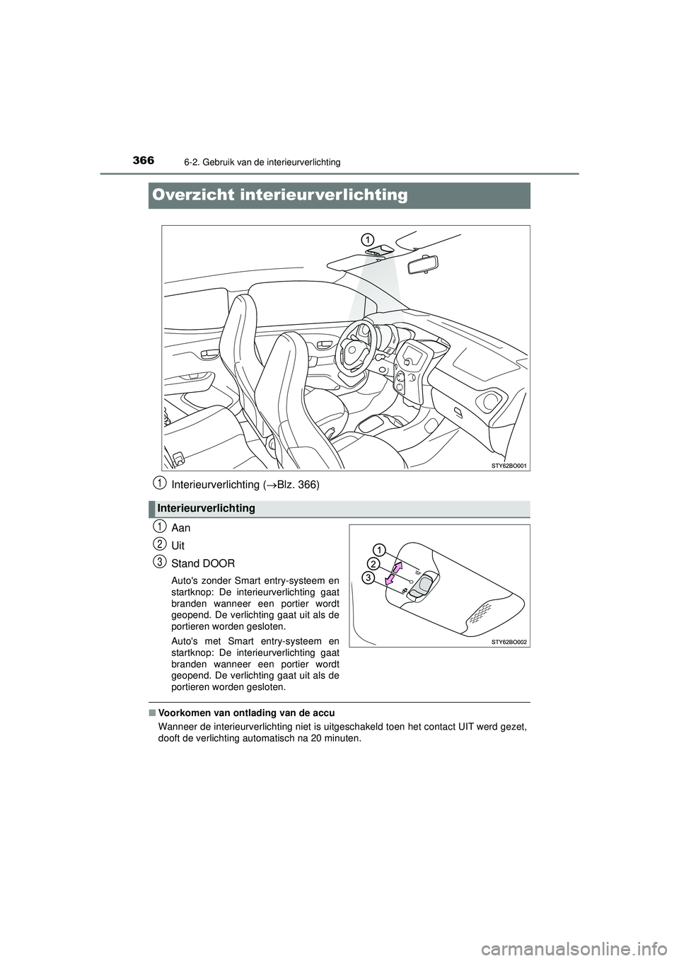 TOYOTA AYGO 2021  Instructieboekje (in Dutch) 3666-2. Gebruik van de interieurverlichting
AYGO_OM_Europe_OM9A012E
Overzicht interieur verlichting
Interieurverlichting (Blz. 366)
Aan
Uit
Stand DOOR
Autos zonder Smart entry-systeem en
startknop
