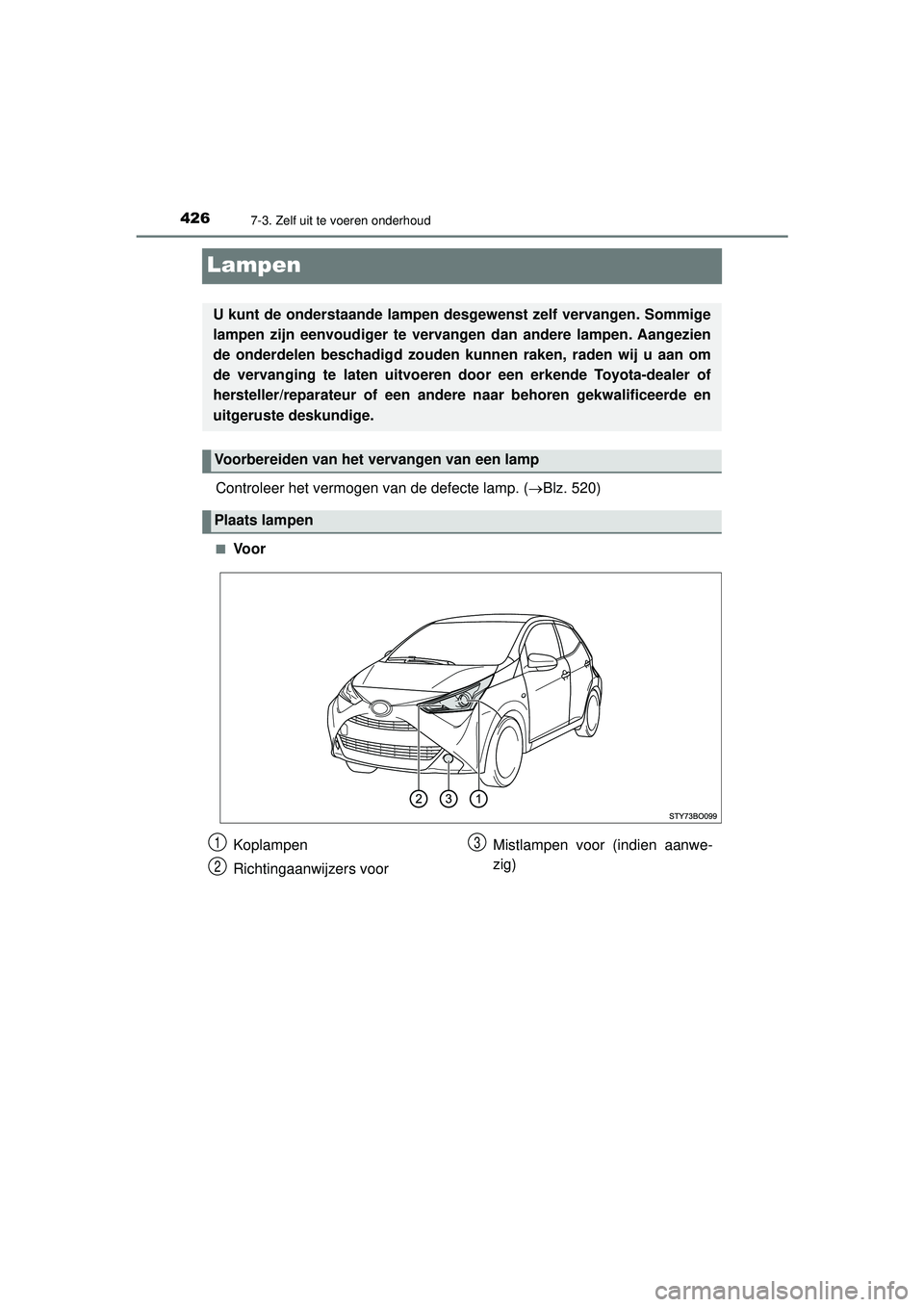 TOYOTA AYGO 2021  Instructieboekje (in Dutch) 4267-3. Zelf uit te voeren onderhoud
AYGO_OM_Europe_OM9A012E
Lampen
Controleer het vermogen van de defecte lamp. (Blz. 520)
■Vo o r
U kunt de onderstaande lampen desgewenst zelf vervangen. Sommig