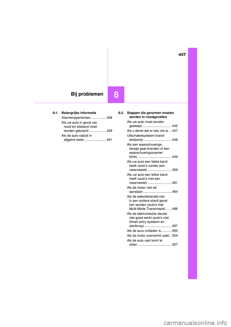 TOYOTA AYGO 2021 Instructieboekje (in Dutch) 437
8Bij problemen
AYGO_OM_Europe_OM9A012E8-1. Belangrijke informatie
Alarmknipperlichten ................. 438
Als uw auto in geval van nood tot stilstand moet
worden gebracht ................... 43 TOYOTA AYGO 2021 Instructieboekje (in Dutch) 437
8Bij problemen
AYGO_OM_Europe_OM9A012E8-1. Belangrijke informatie
Alarmknipperlichten ................. 438
Als uw auto in geval van nood tot stilstand moet
worden gebracht ................... 43
