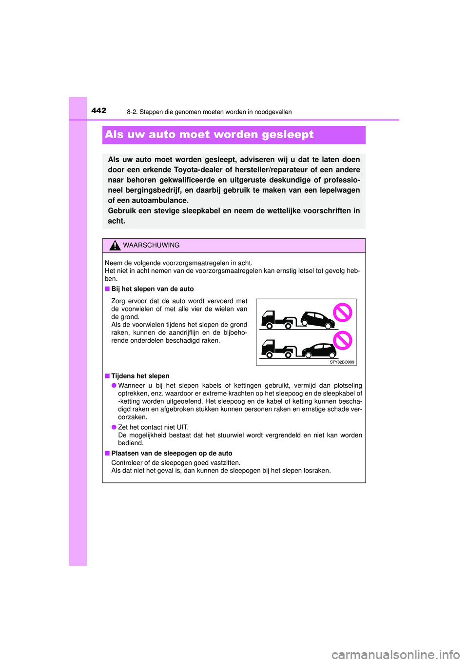 TOYOTA AYGO 2021 Instructieboekje (in Dutch) 4428-2. Stappen die genomen moeten worden in noodgevallen
AYGO_OM_Europe_OM9A012E
Als uw auto moet worden gesleept
Als uw auto moet worden gesleept , adviseren wij u dat te laten doen
door een erkende TOYOTA AYGO 2021 Instructieboekje (in Dutch) 4428-2. Stappen die genomen moeten worden in noodgevallen
AYGO_OM_Europe_OM9A012E
Als uw auto moet worden gesleept
Als uw auto moet worden gesleept , adviseren wij u dat te laten doen
door een erkende