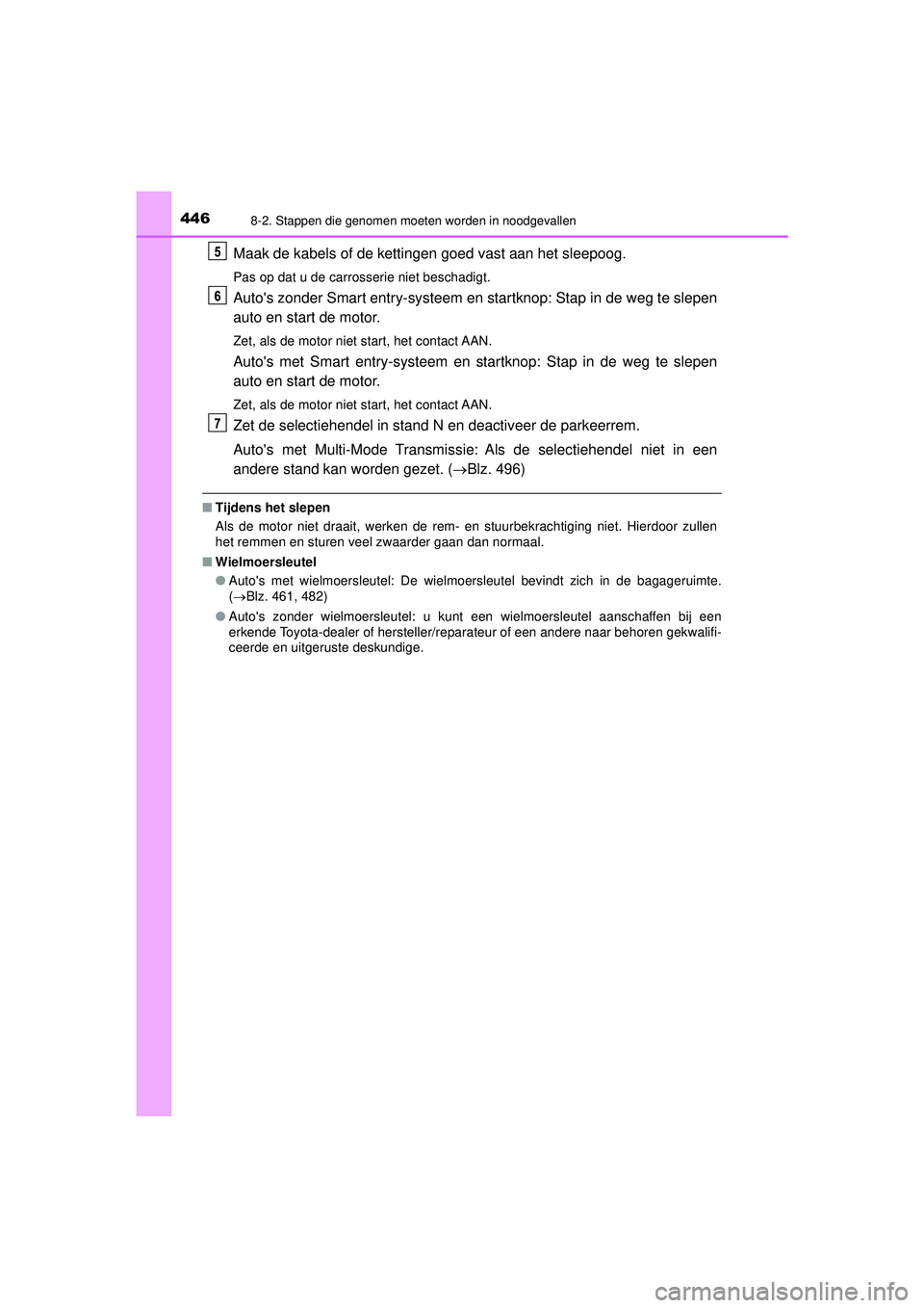 TOYOTA AYGO 2021 Instructieboekje (in Dutch) 4468-2. Stappen die genomen moeten worden in noodgevallen
AYGO_OM_Europe_OM9A012E
Maak de kabels of de kettingen goed vast aan het sleepoog.
Pas op dat u de carrosserie niet beschadigt.
Autos zonder TOYOTA AYGO 2021 Instructieboekje (in Dutch) 4468-2. Stappen die genomen moeten worden in noodgevallen
AYGO_OM_Europe_OM9A012E
Maak de kabels of de kettingen goed vast aan het sleepoog.
Pas op dat u de carrosserie niet beschadigt.
Autos zonder