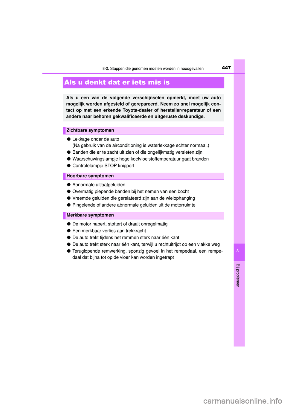 TOYOTA AYGO 2021 Instructieboekje (in Dutch) 4478-2. Stappen die genomen moeten worden in noodgevallen
8
Bij problemen
AYGO_OM_Europe_OM9A012E
Als u denkt dat er iets mis is
●Lekkage onder de auto
(Na gebruik van de airconditioning is waterle TOYOTA AYGO 2021 Instructieboekje (in Dutch) 4478-2. Stappen die genomen moeten worden in noodgevallen
8
Bij problemen
AYGO_OM_Europe_OM9A012E
Als u denkt dat er iets mis is
●Lekkage onder de auto
(Na gebruik van de airconditioning is waterle