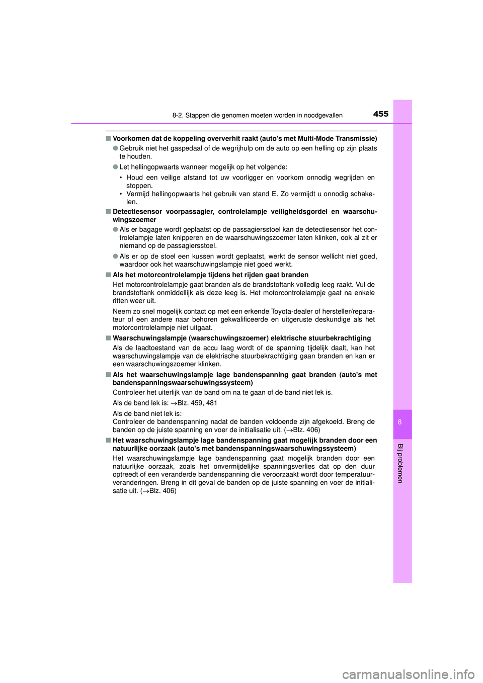 TOYOTA AYGO 2021  Instructieboekje (in Dutch) 4558-2. Stappen die genomen moeten worden in noodgevallen
8
Bij problemen
AYGO_OM_Europe_OM9A012E
■Voorkomen dat de koppeling oververhit raakt (autos met Multi-Mode Transmissie)
●Gebruik niet het
