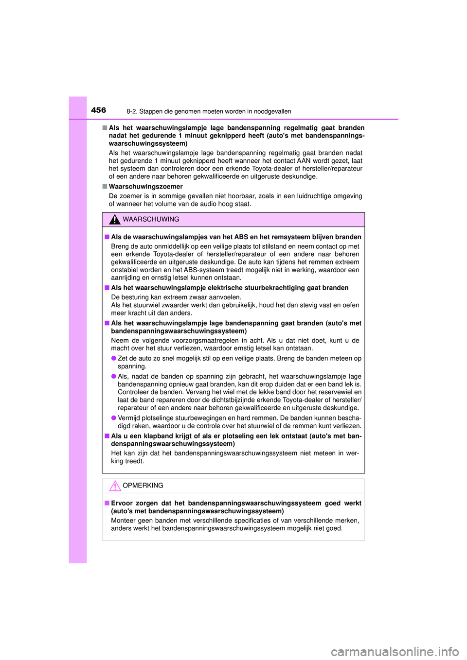 TOYOTA AYGO 2021  Instructieboekje (in Dutch) 4568-2. Stappen die genomen moeten worden in noodgevallen
AYGO_OM_Europe_OM9A012E■
Als het waarschuwingslampje lage band enspanning regelmatig gaat branden
nadat het gedurende 1 minuut geknipperd he