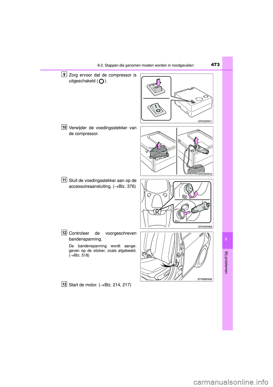 TOYOTA AYGO 2021  Instructieboekje (in Dutch) 4738-2. Stappen die genomen moeten worden in noodgevallen
8
Bij problemen
AYGO_OM_Europe_OM9A012E
Zorg ervoor dat de compressor is
uitgeschakeld ( ).
Verwijder de voedingsstekker van
de compressor.
Sl