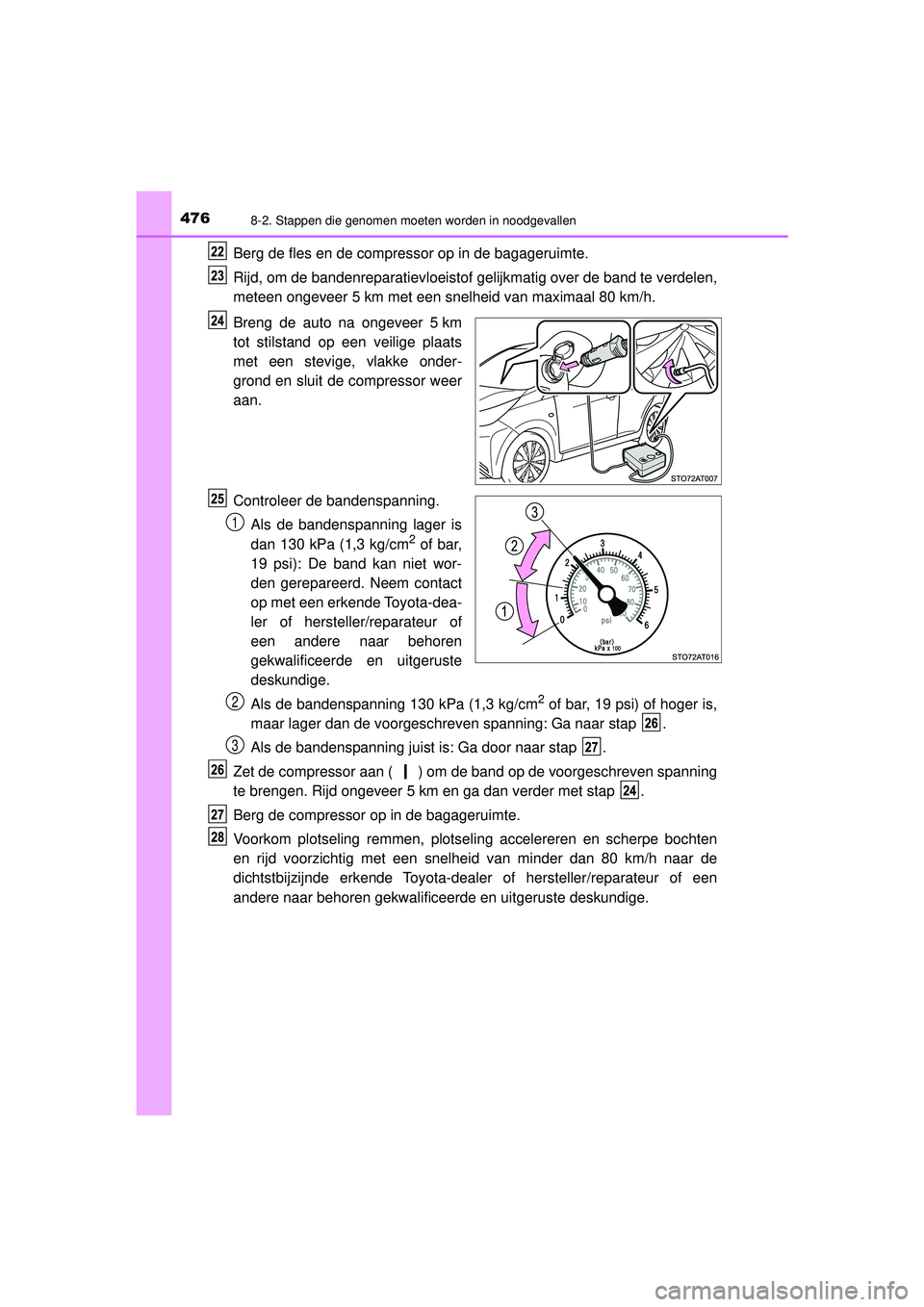 TOYOTA AYGO 2021 Instructieboekje (in Dutch) 4768-2. Stappen die genomen moeten worden in noodgevallen
AYGO_OM_Europe_OM9A012E
Berg de fles en de compressor op in de bagageruimte.
Rijd, om de bandenreparatievloeistof gelijkmatig over de band te TOYOTA AYGO 2021 Instructieboekje (in Dutch) 4768-2. Stappen die genomen moeten worden in noodgevallen
AYGO_OM_Europe_OM9A012E
Berg de fles en de compressor op in de bagageruimte.
Rijd, om de bandenreparatievloeistof gelijkmatig over de band te