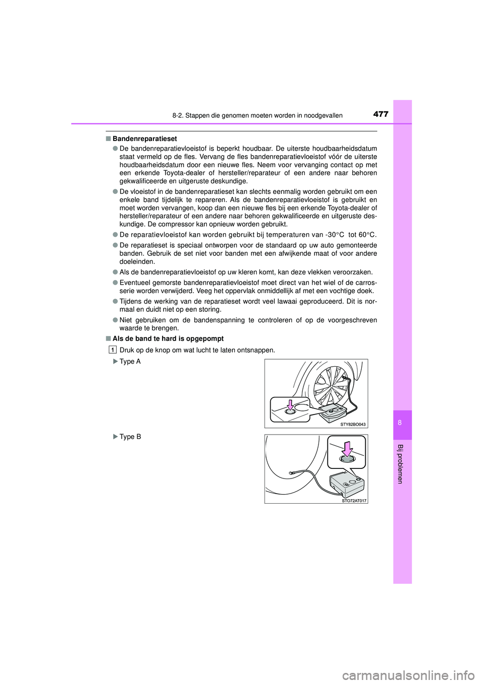 TOYOTA AYGO 2021 Instructieboekje (in Dutch) 4778-2. Stappen die genomen moeten worden in noodgevallen
8
Bij problemen
AYGO_OM_Europe_OM9A012E
■Bandenreparatieset
●De bandenreparatievloeistof is beperkt houdbaar. De uiterste houdbaarheidsdat TOYOTA AYGO 2021 Instructieboekje (in Dutch) 4778-2. Stappen die genomen moeten worden in noodgevallen
8
Bij problemen
AYGO_OM_Europe_OM9A012E
■Bandenreparatieset
●De bandenreparatievloeistof is beperkt houdbaar. De uiterste houdbaarheidsdat