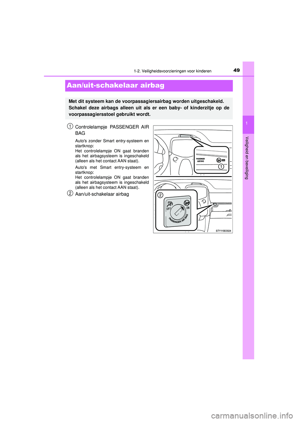TOYOTA AYGO 2021  Instructieboekje (in Dutch) 491-2. Veiligheidsvoorzieningen voor kinderen
1
Veiligheid en beveiliging
AYGO_OM_Europe_OM9A012E
Aan/uit-schakelaar airbag
Controlelampje PASSENGER AIR
BAG
Autos zonder Smart entry-systeem en
startk