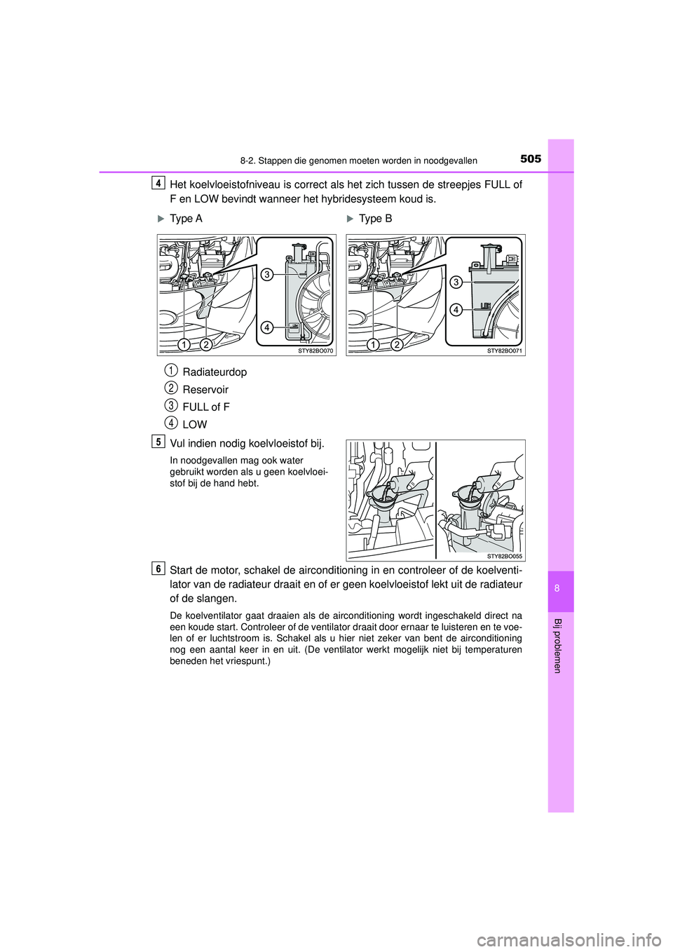 TOYOTA AYGO 2021 Instructieboekje (in Dutch) 5058-2. Stappen die genomen moeten worden in noodgevallen
8
Bij problemen
AYGO_OM_Europe_OM9A012E
Het koelvloeistofniveau is correct als het zich tussen de streepjes FULL of
F en LOW bevindt wanneer h TOYOTA AYGO 2021 Instructieboekje (in Dutch) 5058-2. Stappen die genomen moeten worden in noodgevallen
8
Bij problemen
AYGO_OM_Europe_OM9A012E
Het koelvloeistofniveau is correct als het zich tussen de streepjes FULL of
F en LOW bevindt wanneer h